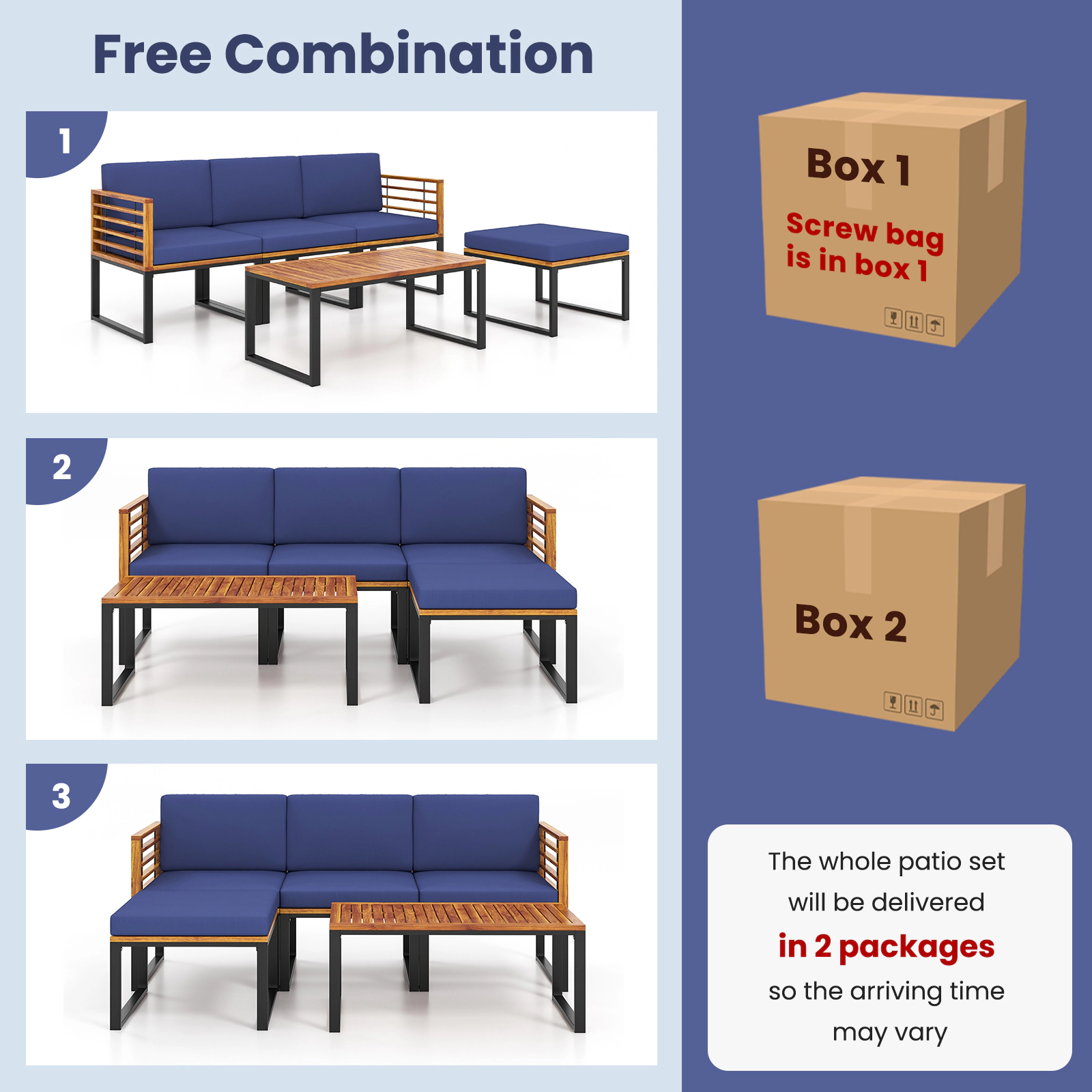 SUGIFT 5-Piece Navy Acacia Wood Patio Sectional Set with Ottoman and Coffee Table