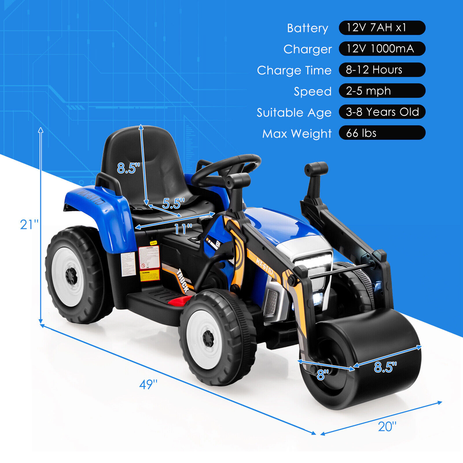 SUGIFT 12V Kids Ride On Road Roller with 2.4G Remote Control 66-lb Capacity Ages 3-8 49-in Long 2-5 mph Blue