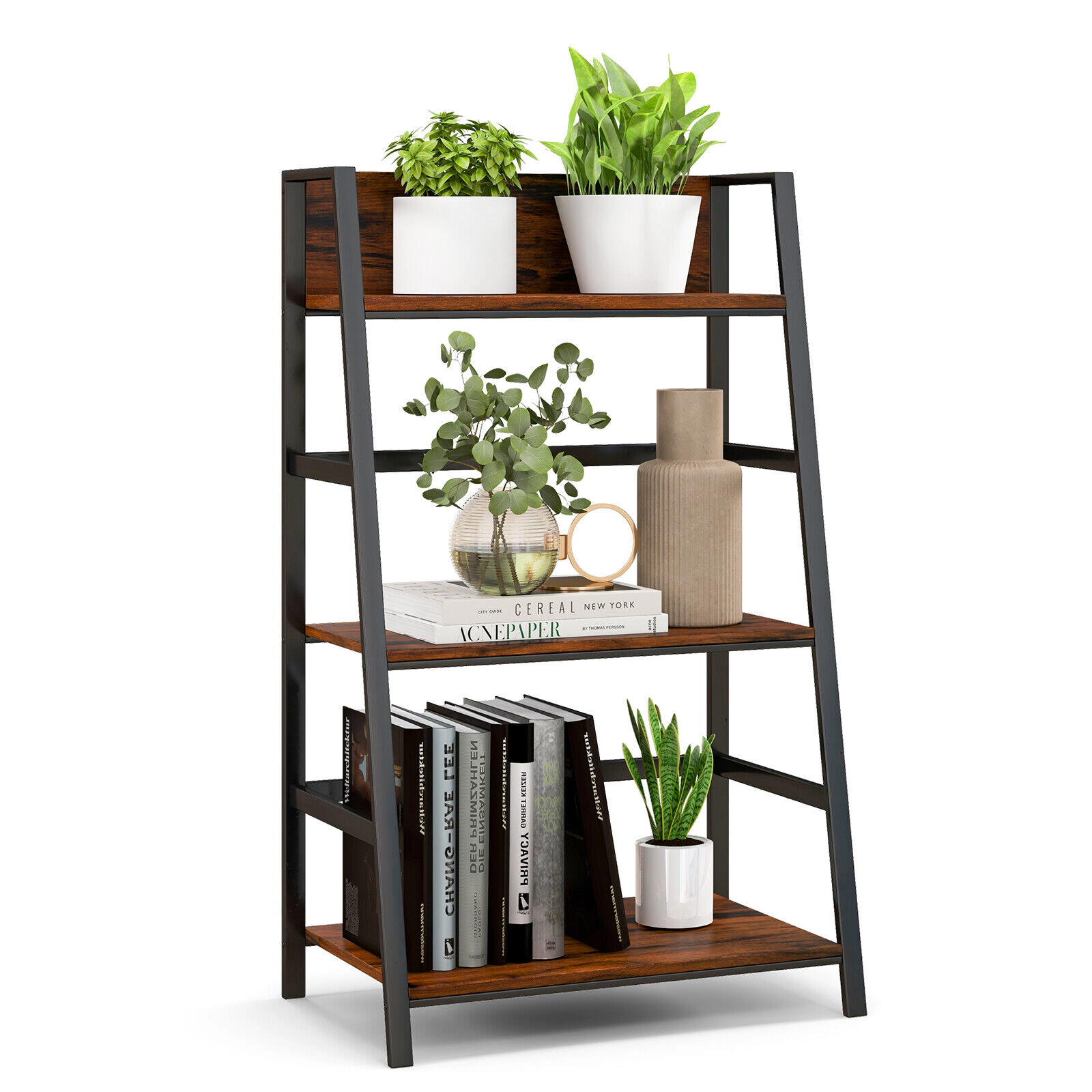 SUGIFT Rustic Brown 3-Tier Ladder Industrial Bookshelf with Metal Frame
