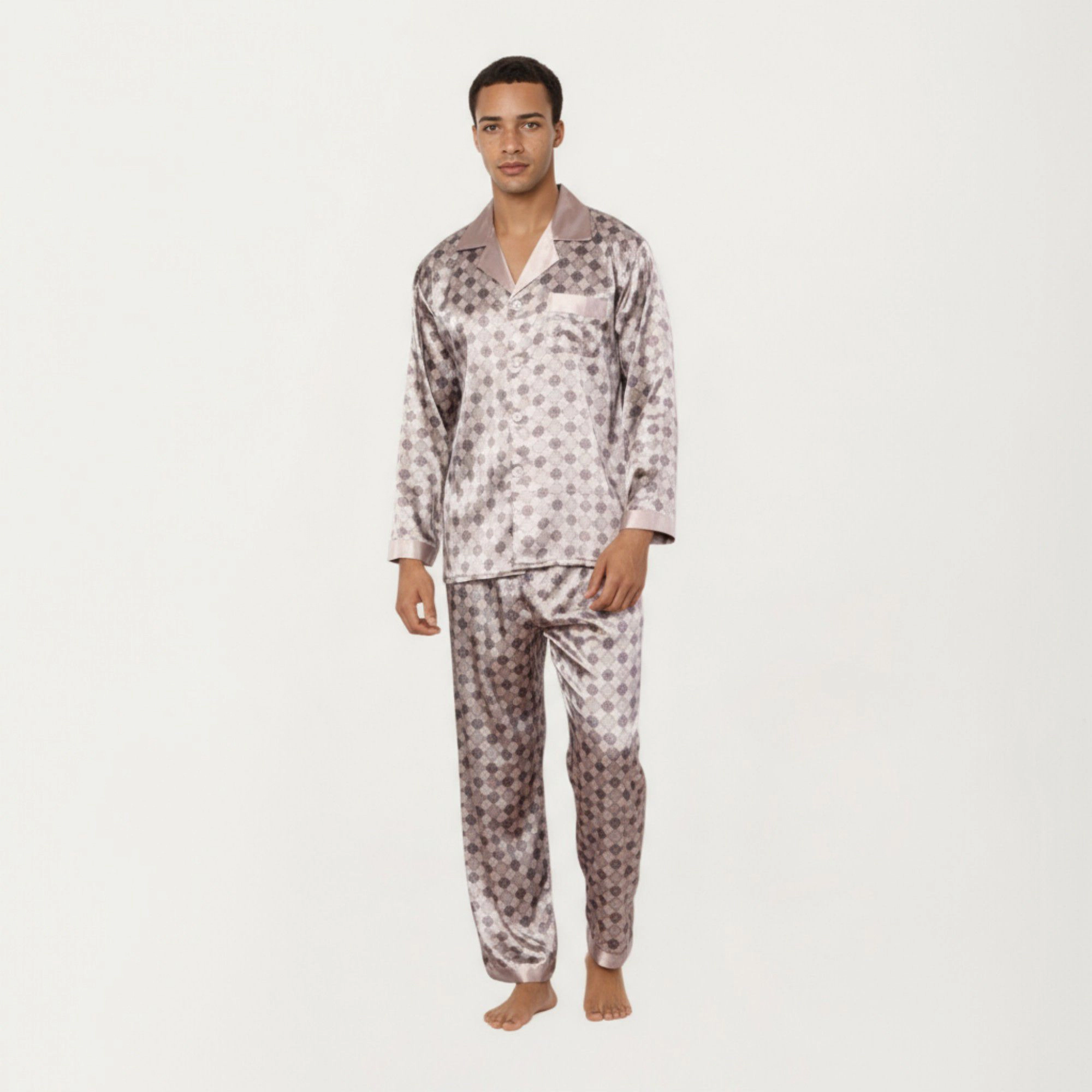 Anna-Kaci Men's 2-Piece Satin Pajamas with Geometric Check Print and Contrast Trim Details