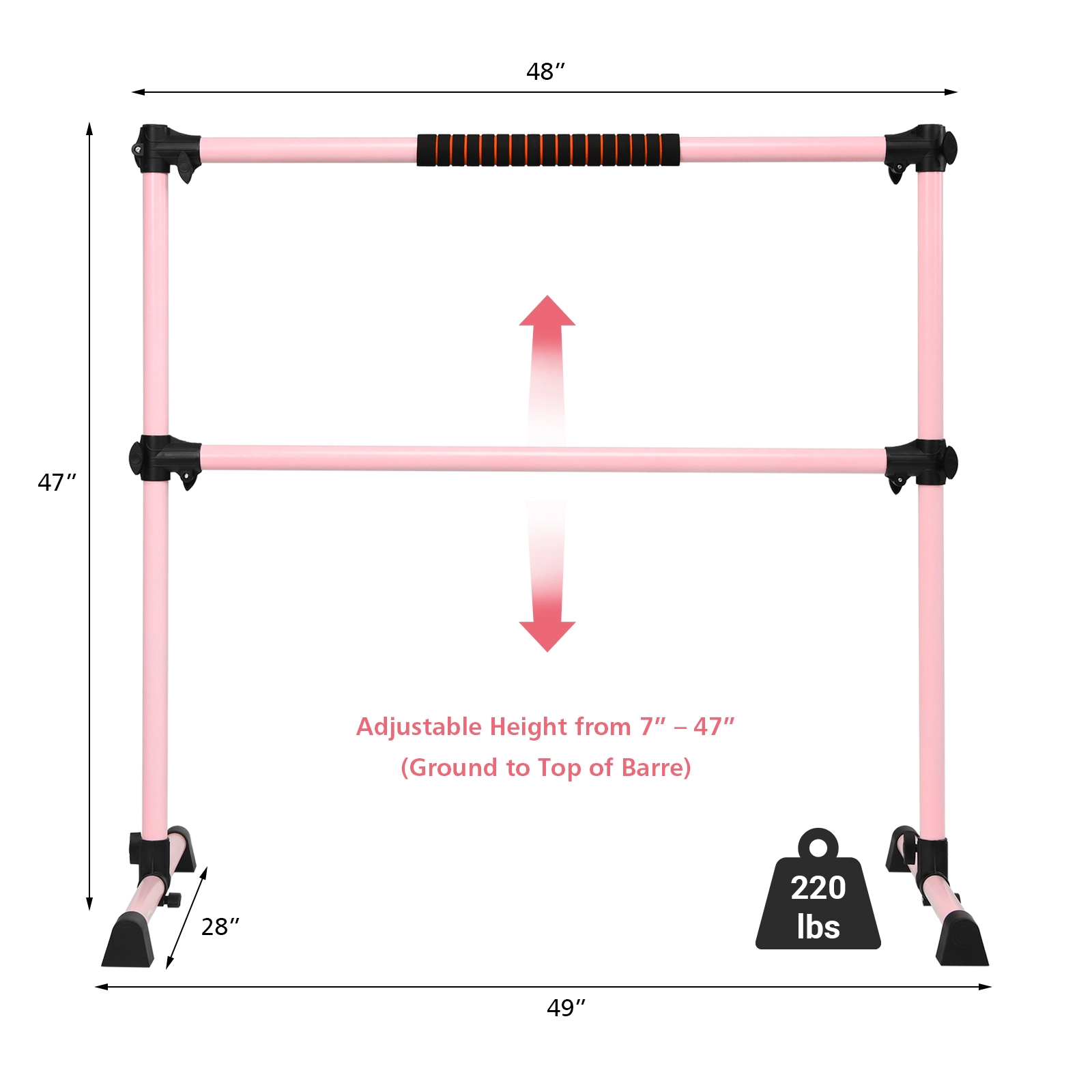 SUGIFT Pink 4-ft Portable Double Ballet Barre with Adjustable Height 49-in W 28-in D 47-in H 220-lb User Capacity