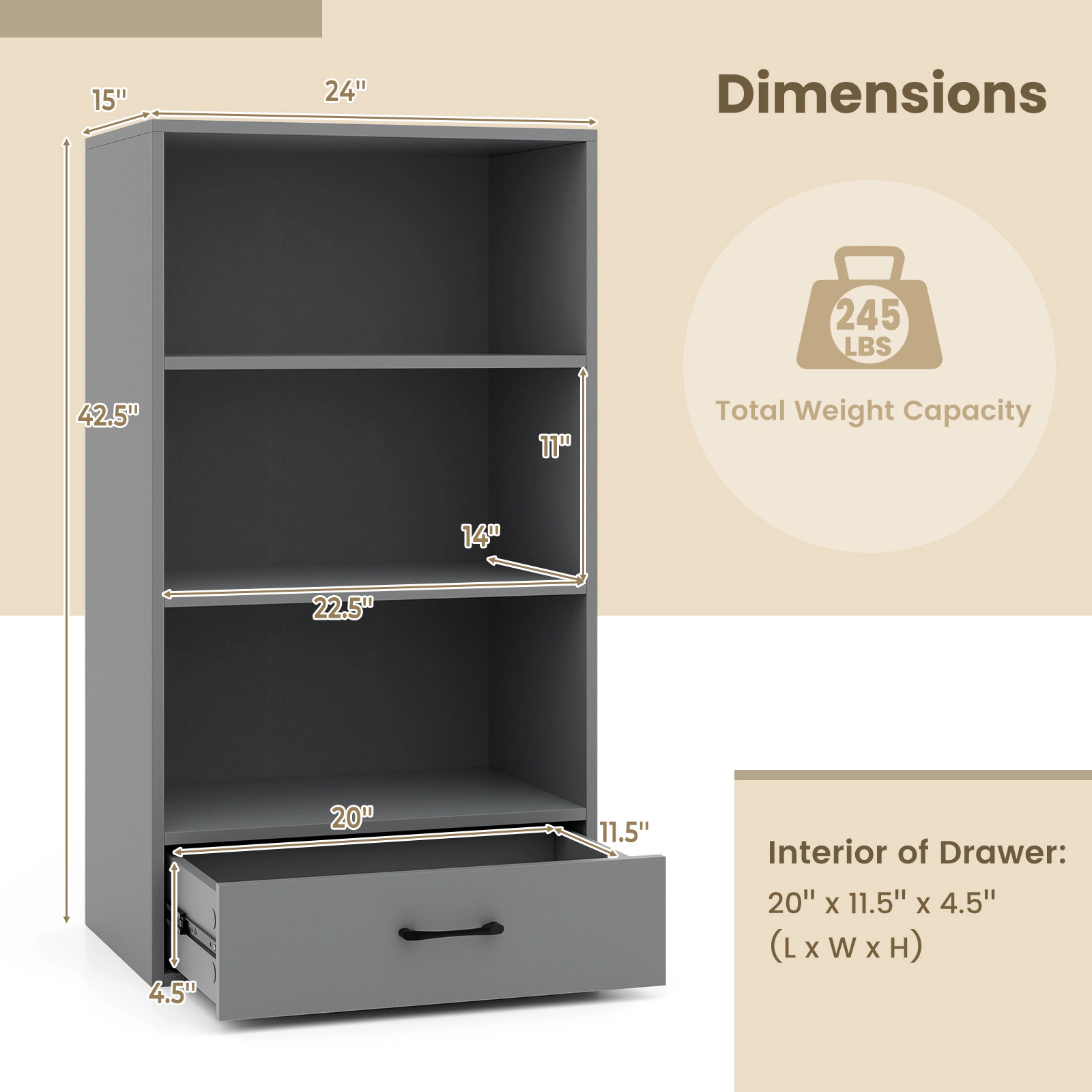 SUGIFT 4-Tier Gray 42.5-in Bookshelf with Drawer 3 Open Shelves 2 Anti-Toppling Kits and 88-lb Top