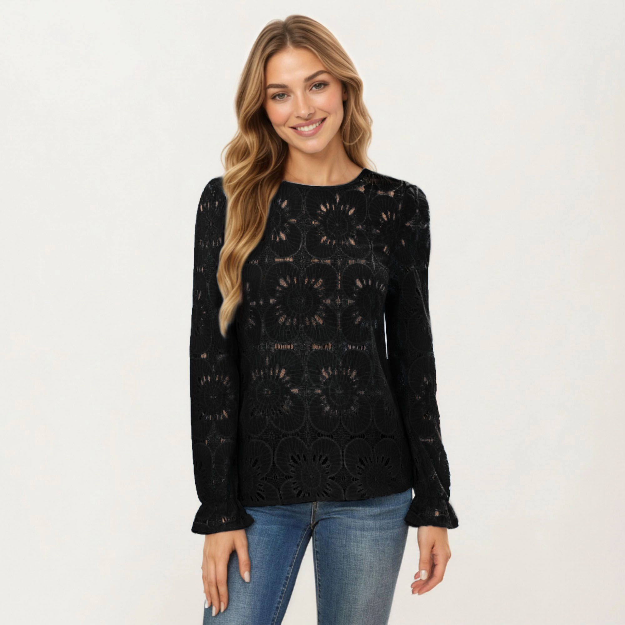 Anna-Kaci Women's Floral Lace Openwork Ruffle Cuff Long Sleeve Top