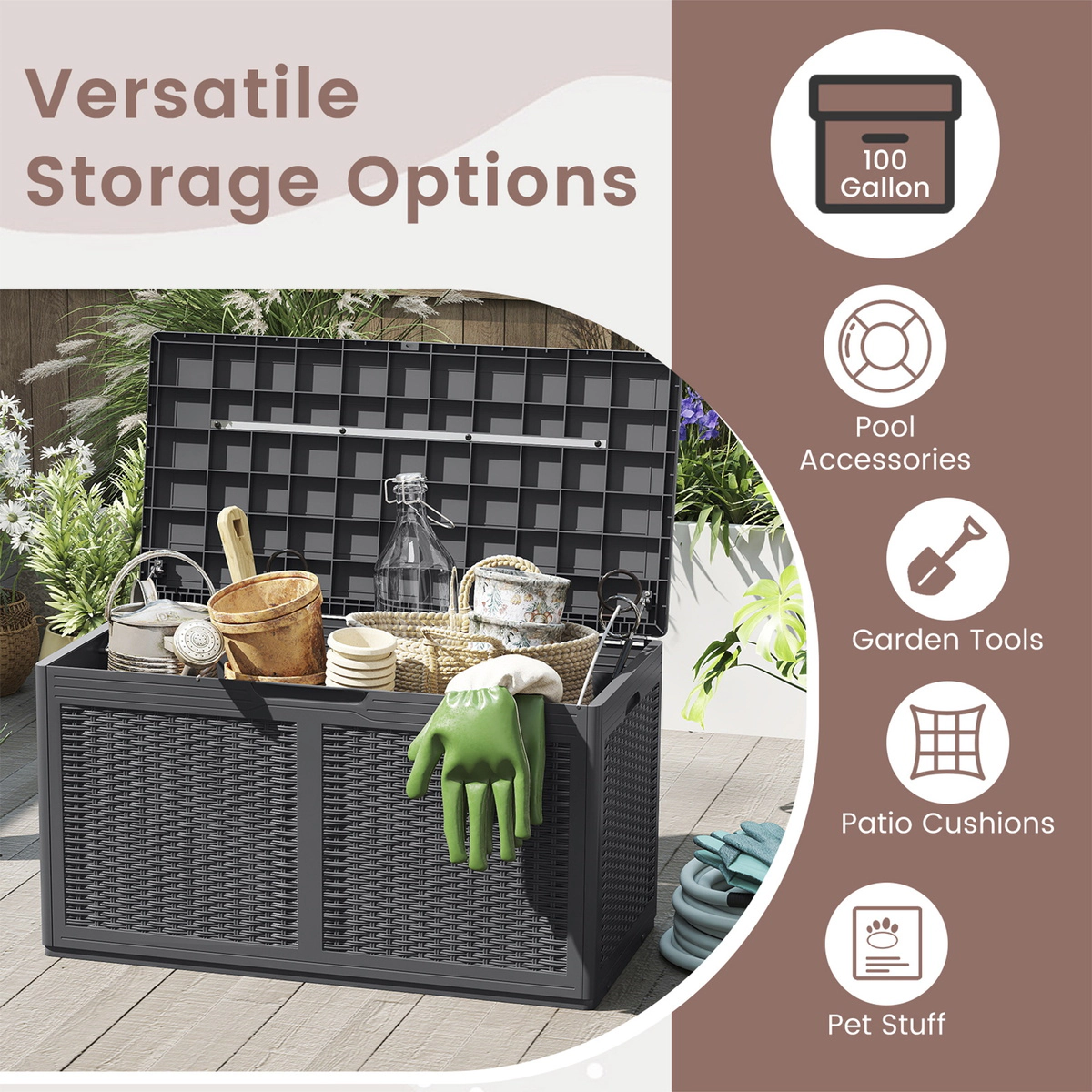 SUGIFT 100-Gallon Resin Deck Storage Box Bench 440-lb Lid Capacity 25-lb Net Weight Brown Black Gray