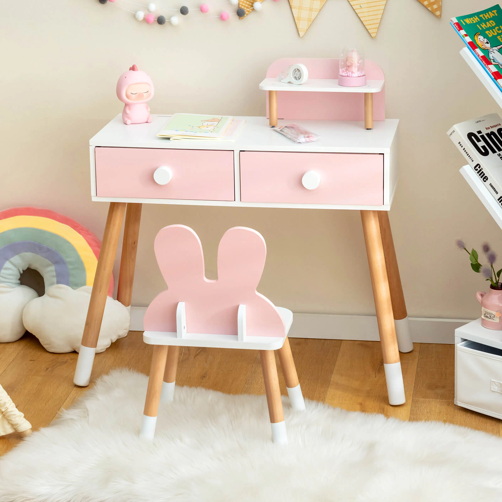 SUGIFT Kids Vanity Table & Chair Set with Drawer Shelf & Rabbit Mirror 66-lb Tabletop 110-lb Stool Capacity Pink/White