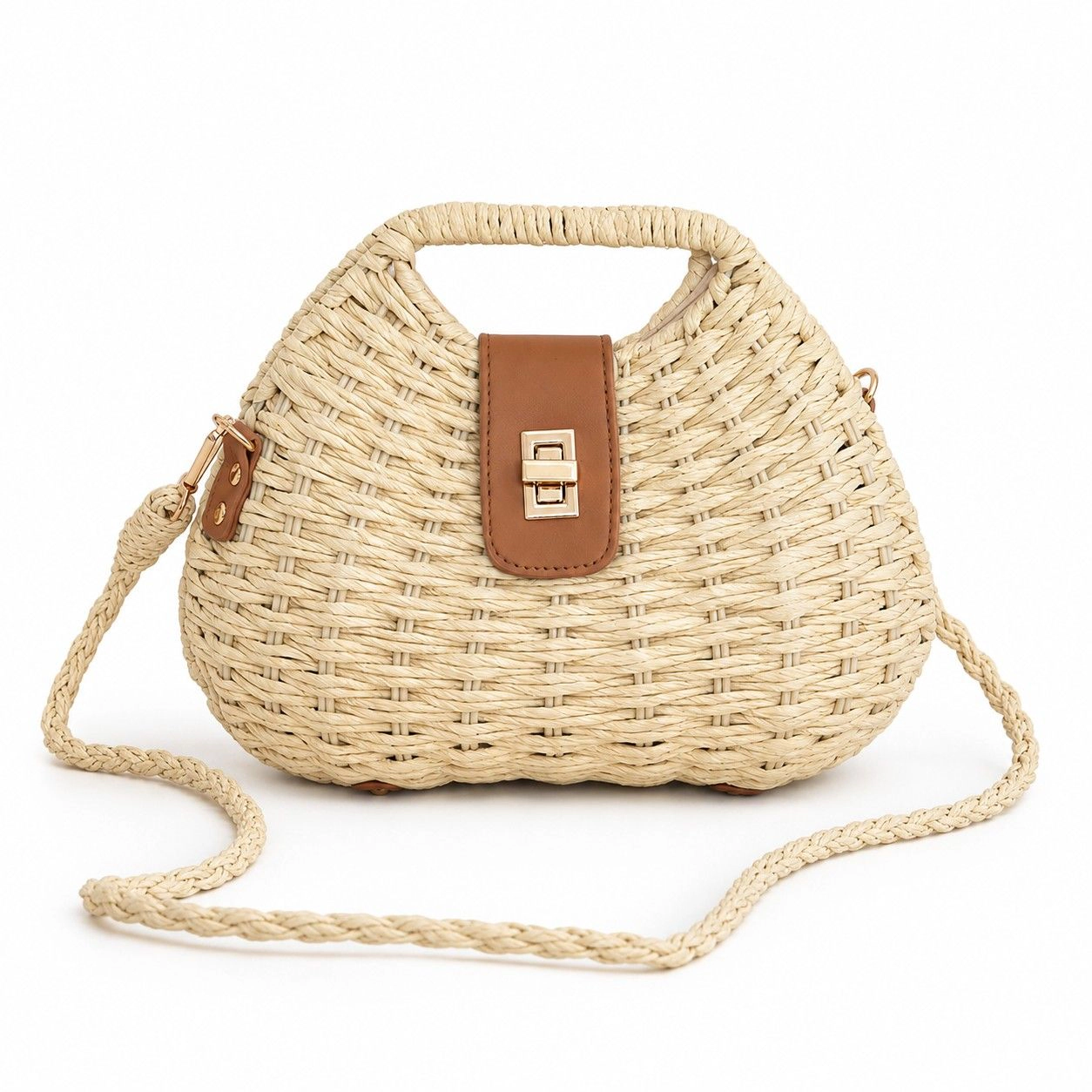 Alilang Women's Round Woven Top Handle Crossbody Bag with Button Closure and Chain Strap, Khaki