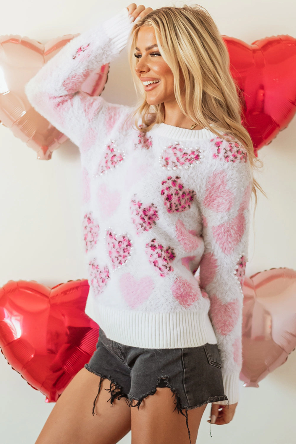 Threaded Pear Women's Heart Leopard Pearled Fuzzy Sweater