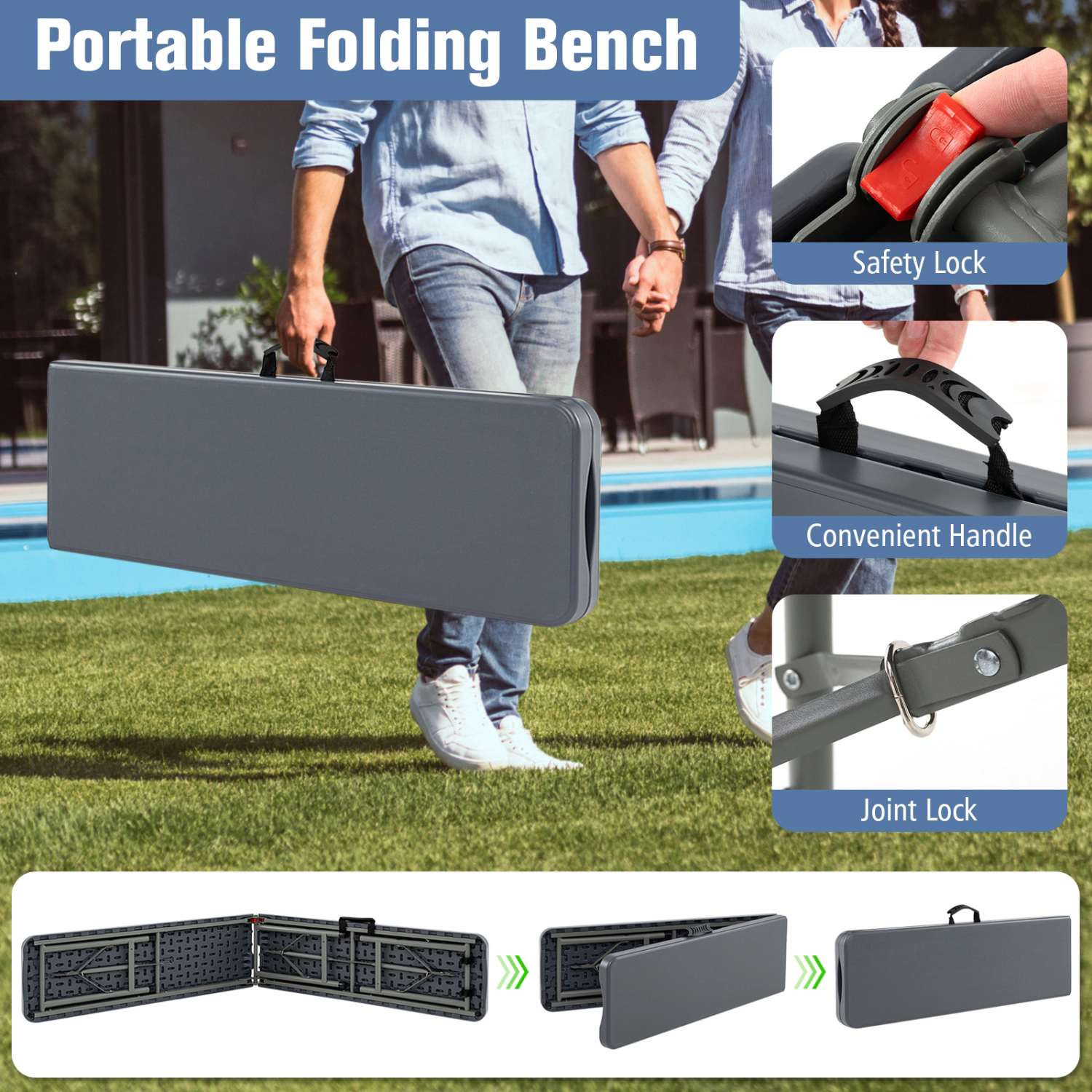 LJG 6 Feet Plastic Folding Bench Portable Seat with Handle and Lock