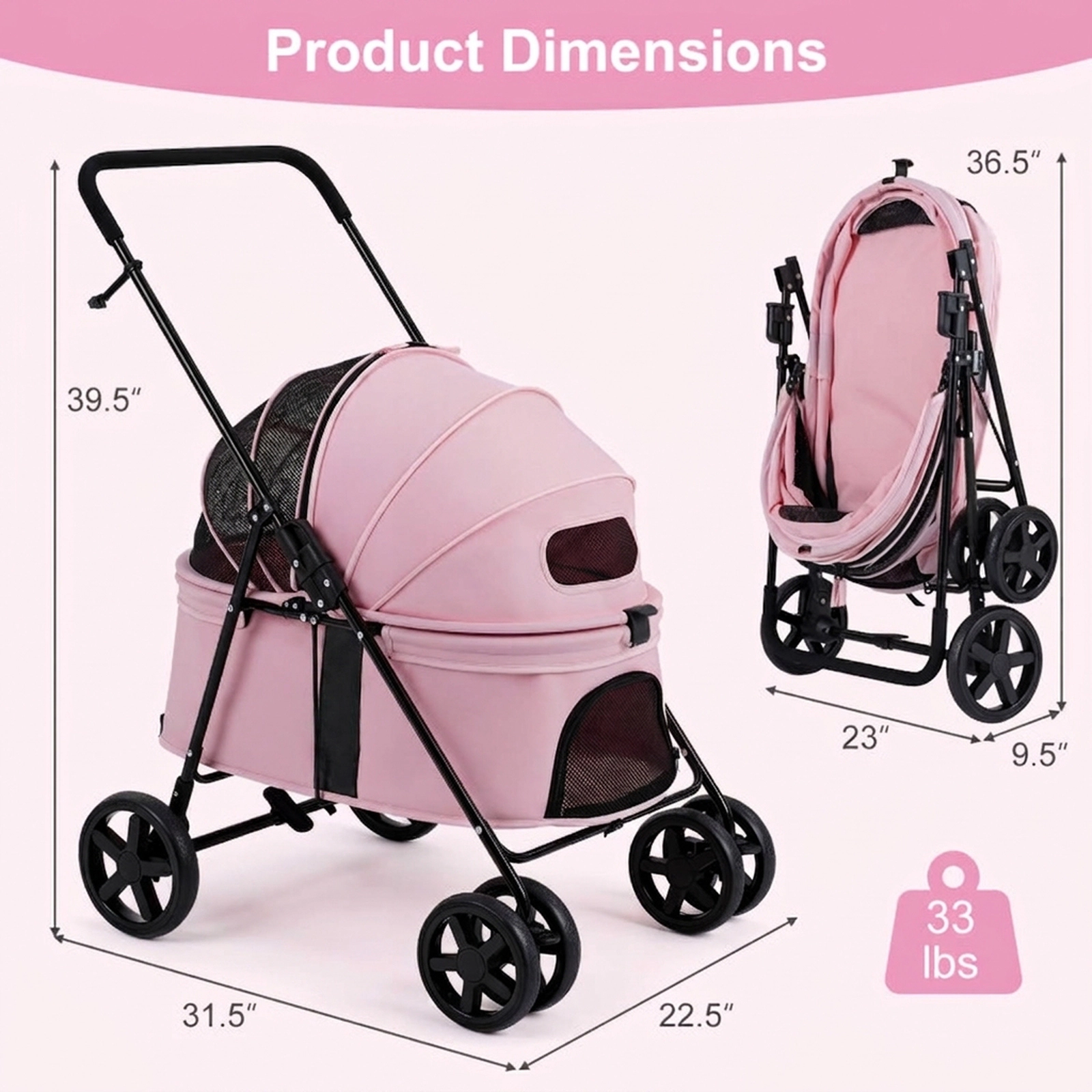 SUGIFT 31.5 x 39.5-in 33-lb Capacity Pink Foldable Pet Cat Dog Stroller with One-Step Rear Brake and Canopy