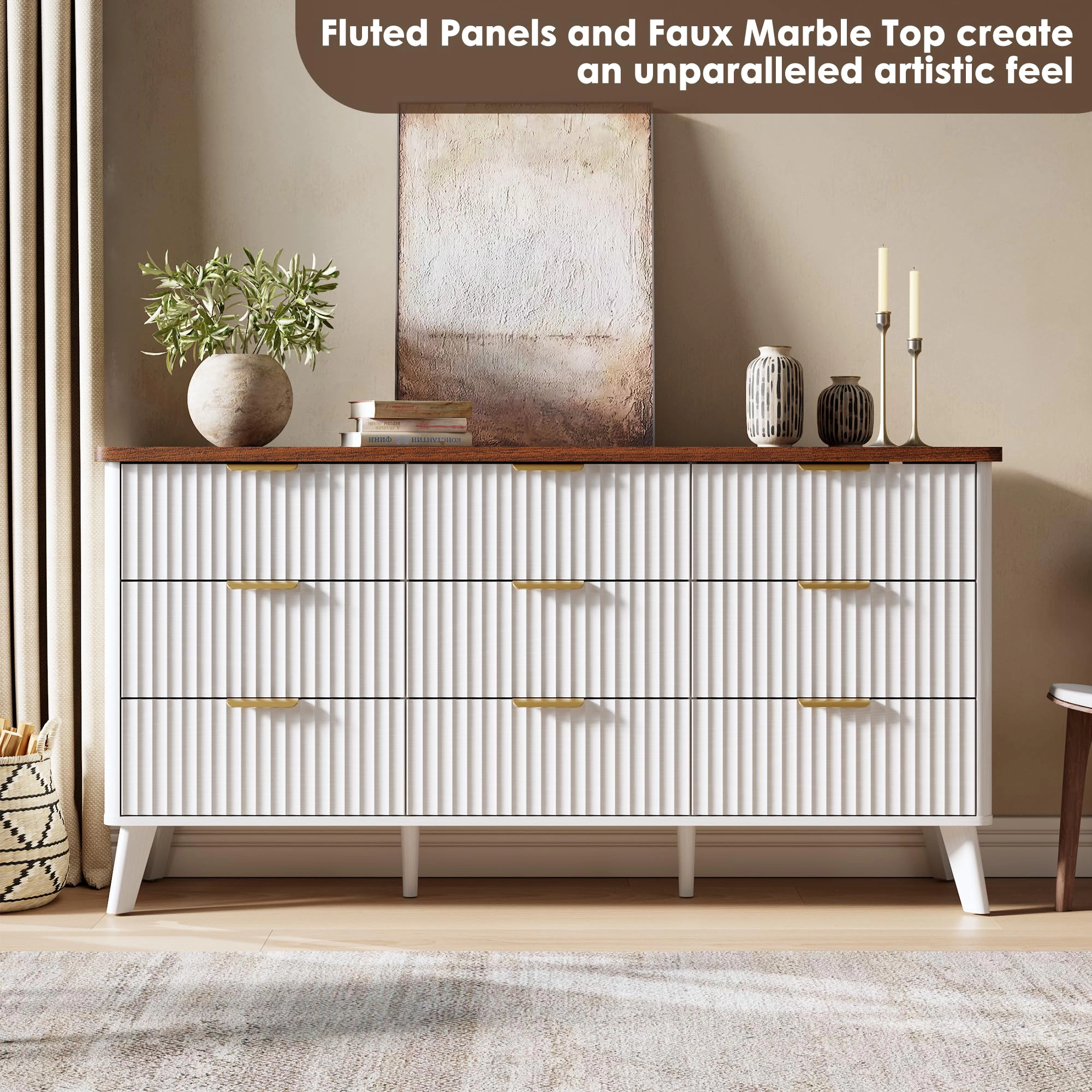 Fluted 9 Drawer Dresser, Curved Profile Design 60.6" Wide  Wooden Chest & TV Stand for Bedroom Living Room