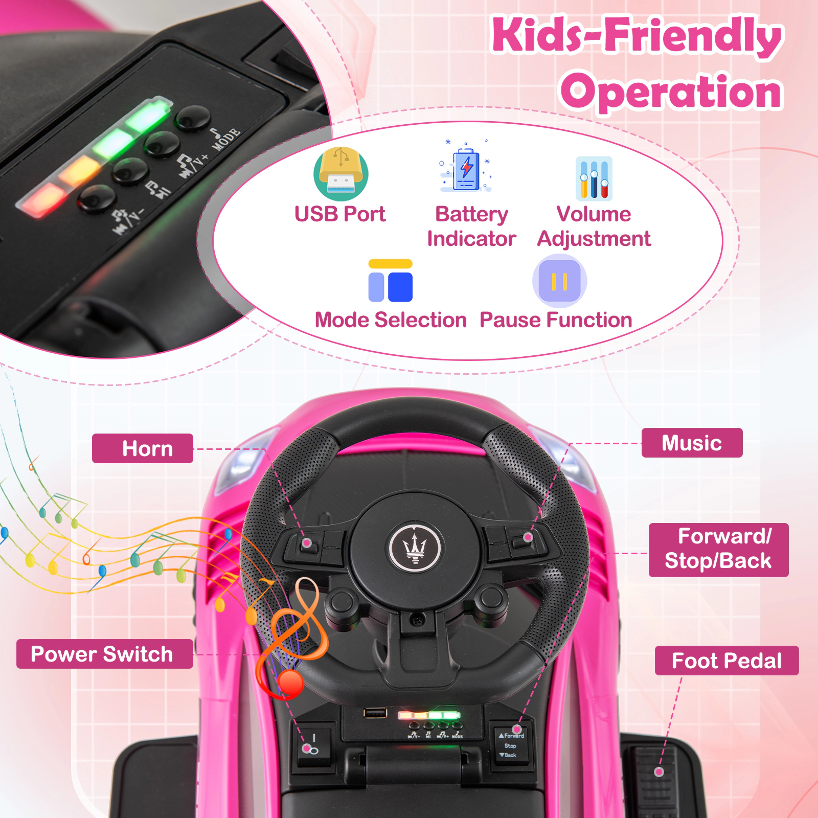 SUGIFT 6V Electric Kids Ride-On Push Car Maserati Licensed with Foot Pedal and Music 55-lb Capacity Ages 18-60 Months