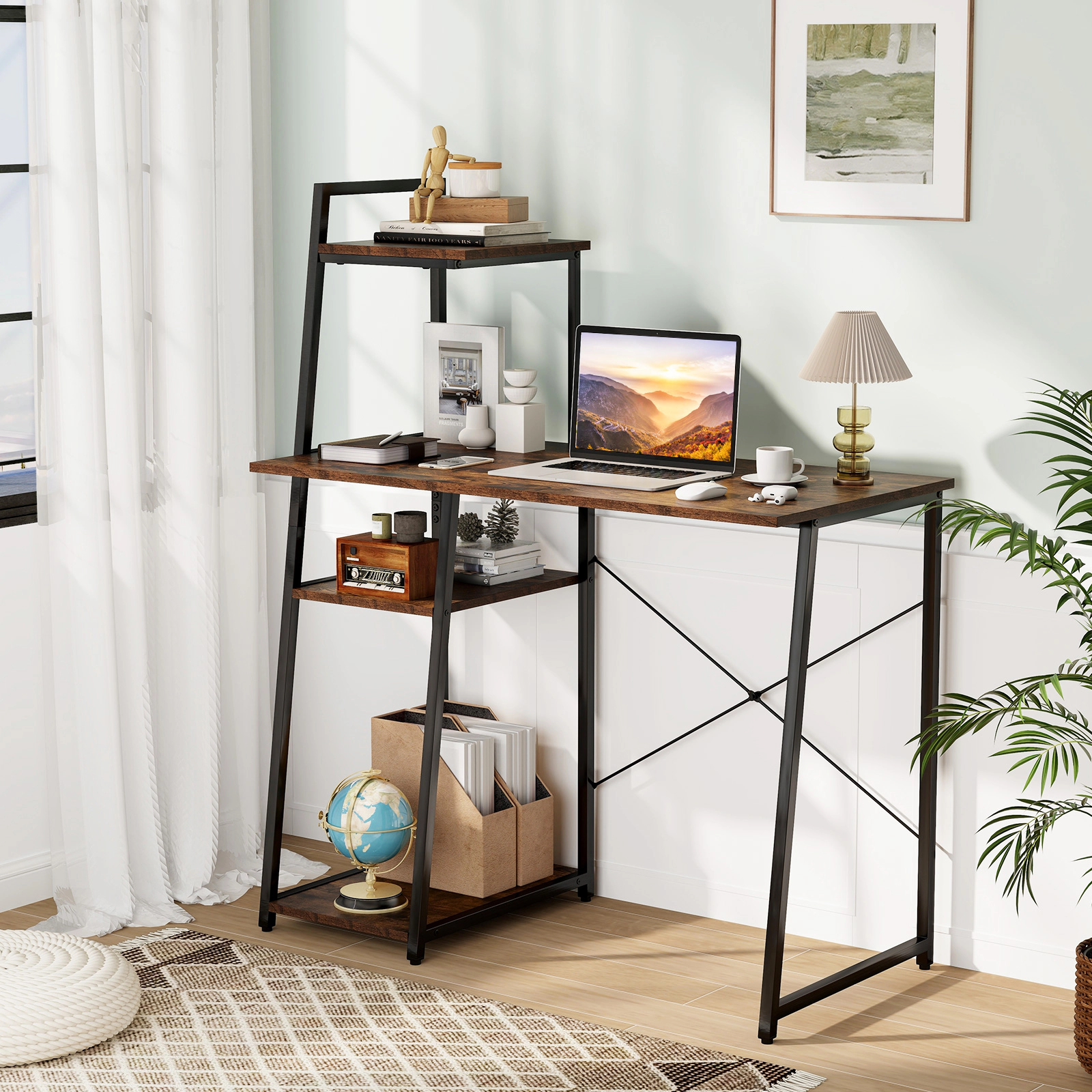 SUGIFT Computer Desk with 3-Tier Storage Bookshelf and 155-lb Desktop Capacity Rustic Brown & Black