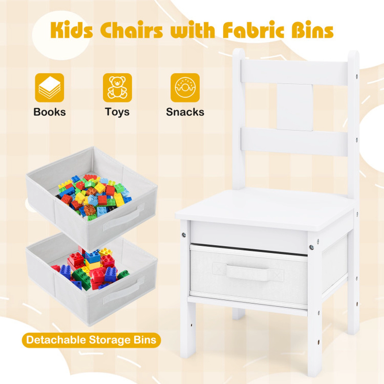 SUGIFT White Built-In Cat House and 2 Storage Bins 3-Piece Kids Wooden Table and Chairs Set