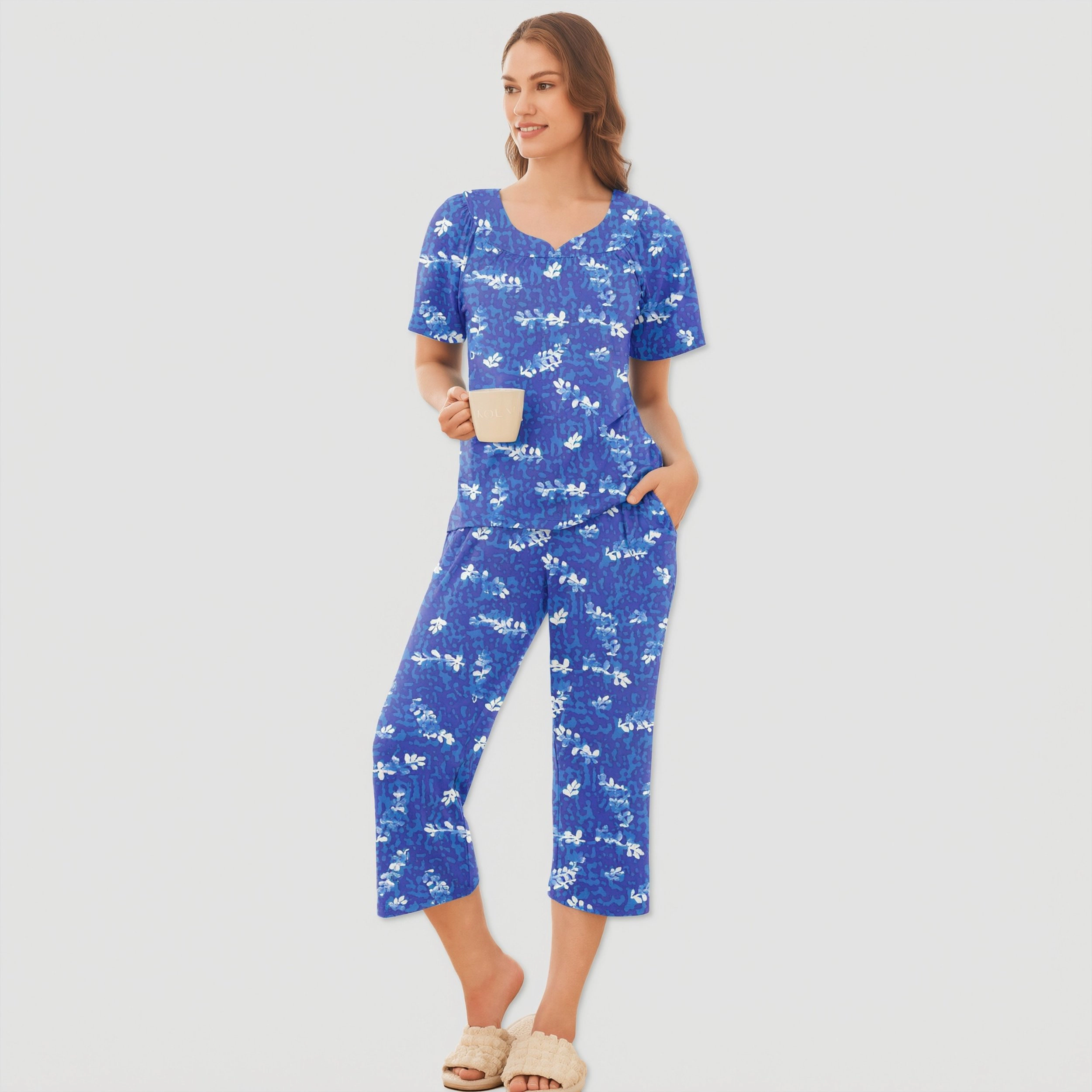 Ekouaer Capri Pajamas Short Sleeve Mumu Pajamas Sets Pieces Pleated Top and Capri Pants Sleepwear