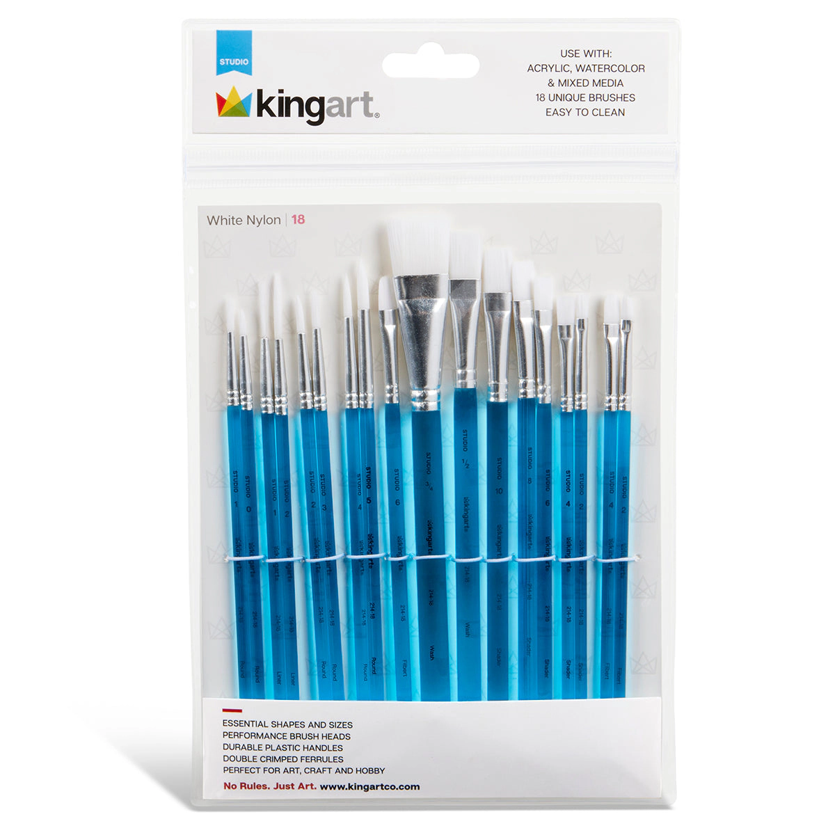 KINGART Studio White Nylon Brush Set - 18 pc, Acrylic & Watercolor