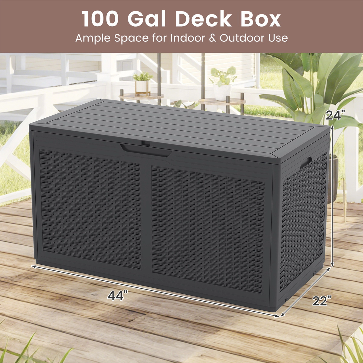 SUGIFT 100-Gallon Resin Deck Storage Box Bench 440-lb Lid Capacity 25-lb Net Weight Brown Black Gray