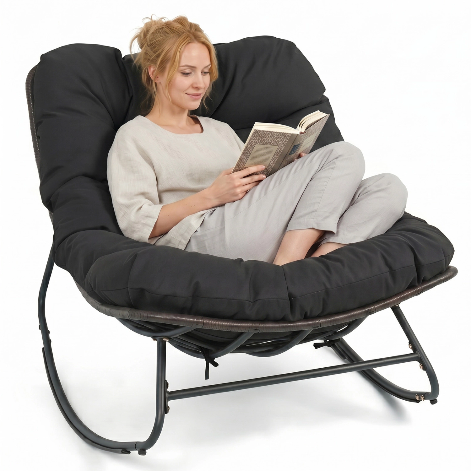 LJG Outdoor Papasan Rocking Chair with Thick Cushion and Pads