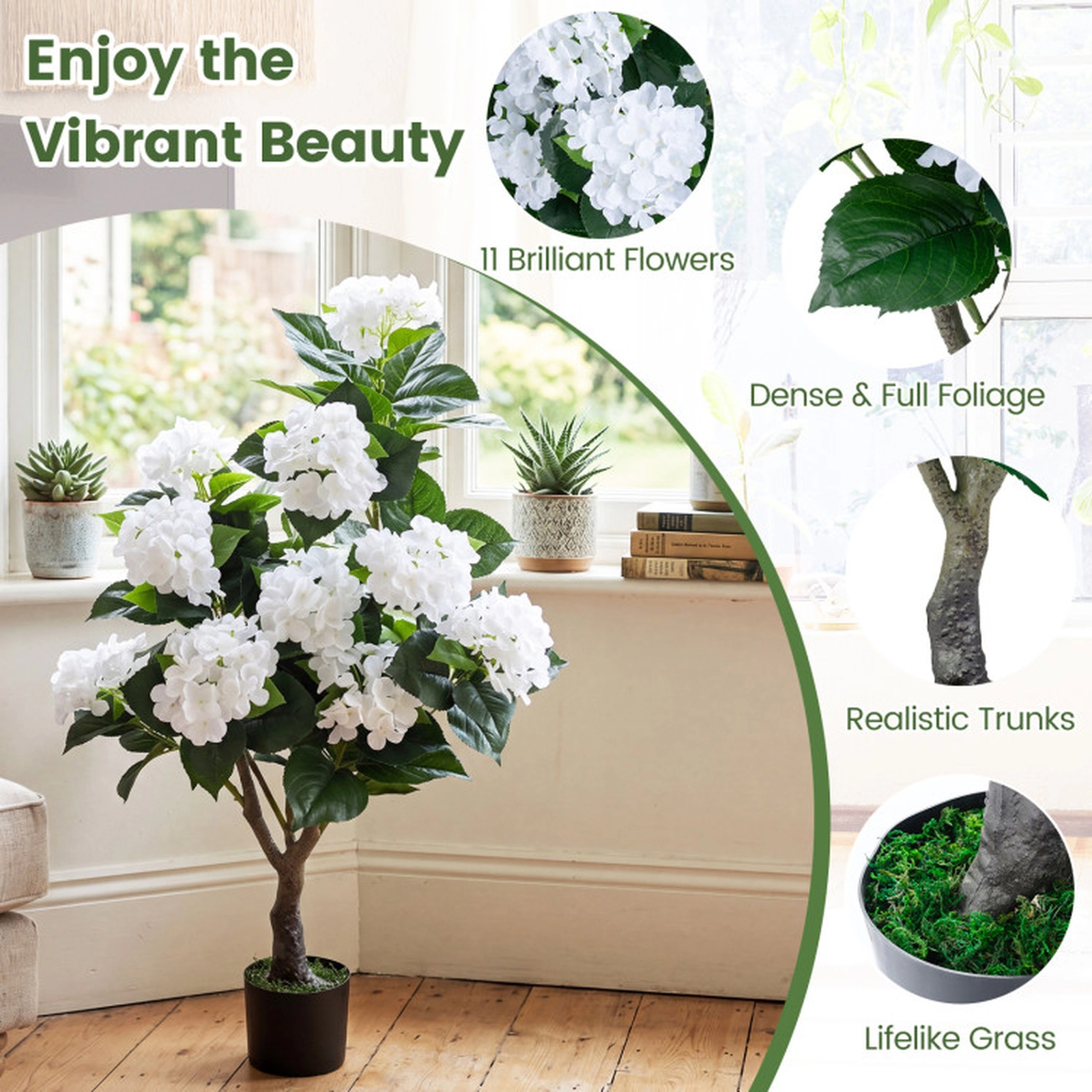 SUGIFT 42.5-in Artificial White Hydrangea Tree with 11 Silk Blooms 88 Leaves and Cement-Filled Pot
