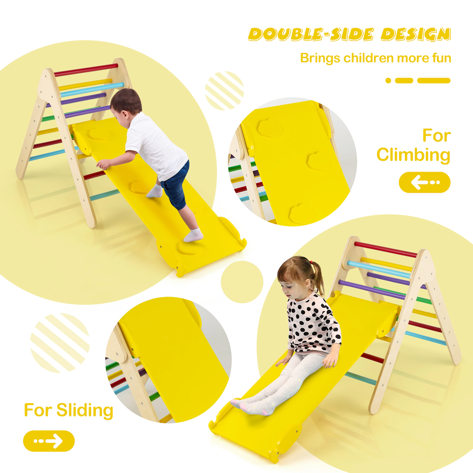 SUGIFT 3-in-1 Wooden Climbing Triangle Set with Reversible Ramp 110-lb Capacity Ages 1+ Multicolor/Natural