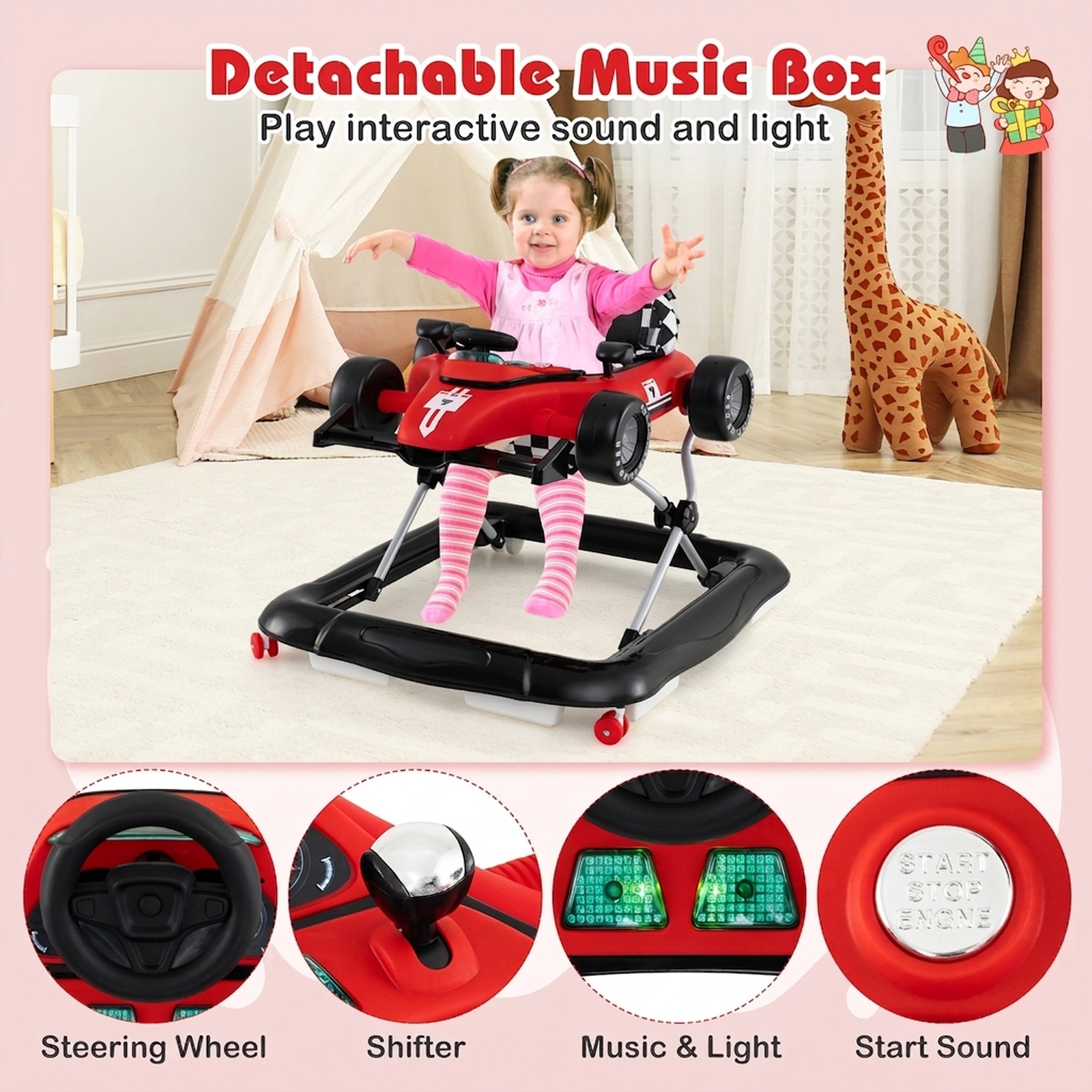 SUGIFT 4-in-1 Convertible Baby Push Walker Activity Center with Music Box 26.5-lb Capacity Ages 6-18 Months Red