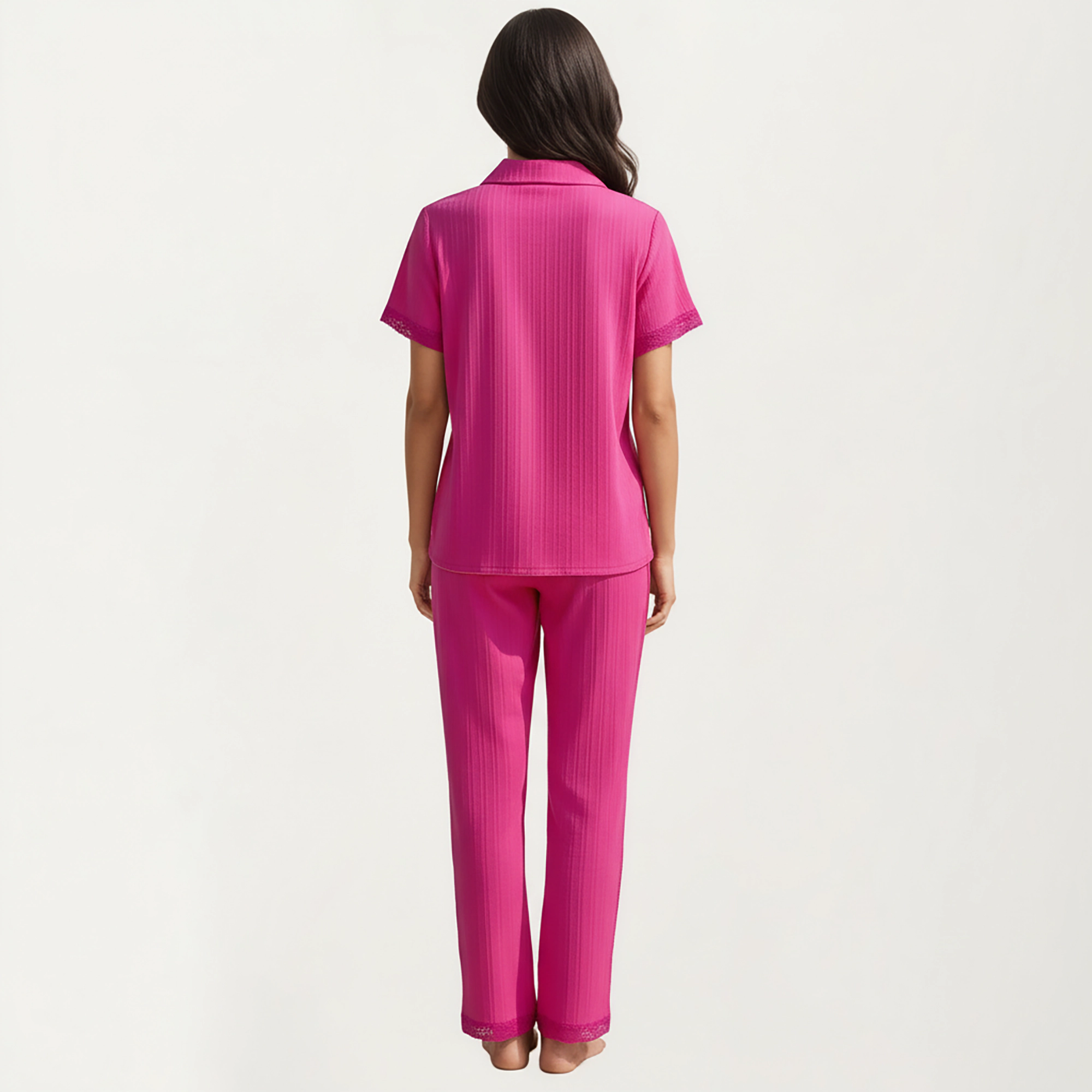 Anna-Kaci Women's Short Sleeve Pajama Set with Button Up Top Lace Trim Sleeves Chest Pocket and Relaxed Fit Lounge Pants