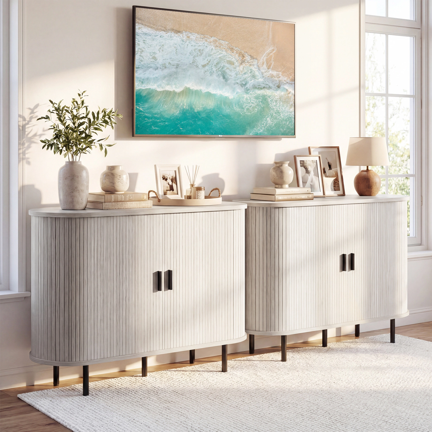 LJG 47 Inch Fluted Sideboard Buffet Cabinet with Tambour Sliding Doors and Metal Legs
