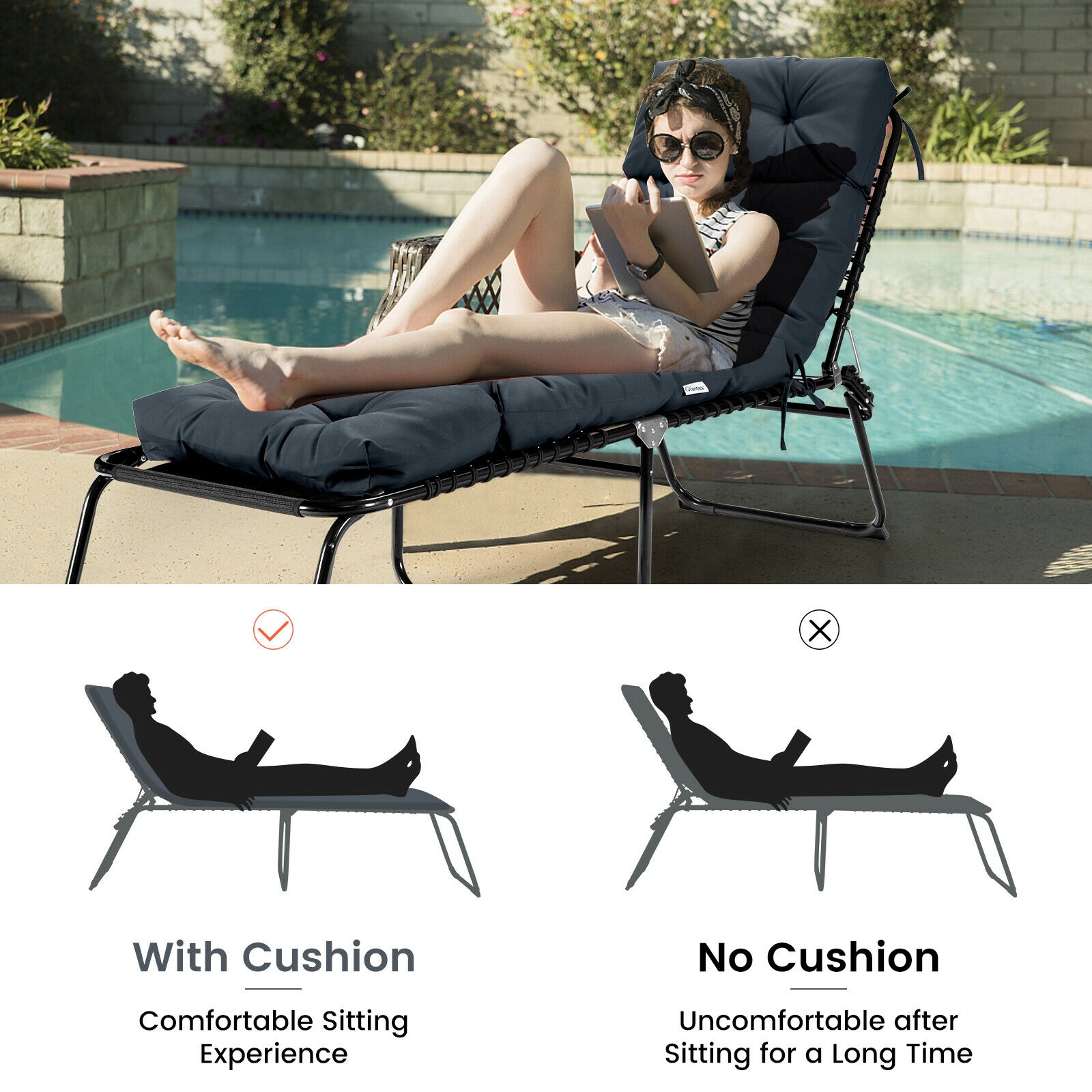 SUGIFT Gray Cotton Filled Outdoor Chaise Lounge Cushion with String Ties and Head Pillow 73-in W 22-in D 4-in H
