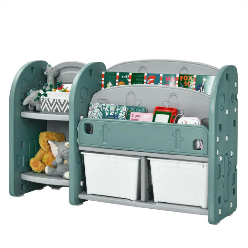 Hivvago Kids Toy Storage Organizer with 2-Tier Bookshelf and Plastic Bins