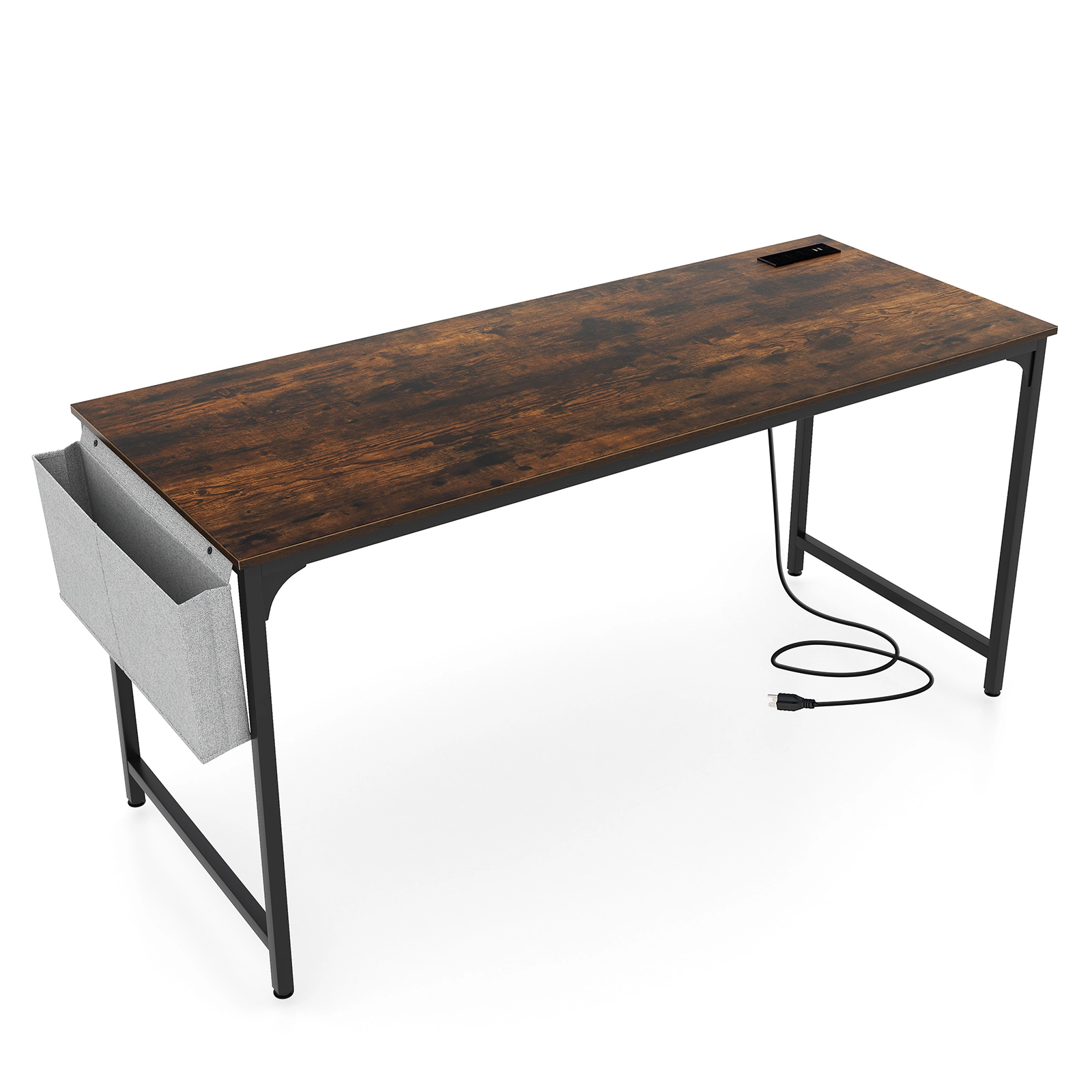 SUGIFT 64-Inch Rustic Brown Industrial Computer Desk with Power Outlet, USB Port, Storage Bag and Hook