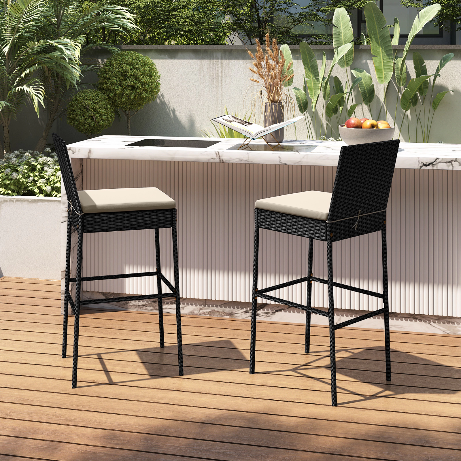 SUGIFT Black Backrest Footrest and Seat Cushions Set of 2 Patio Wicker Bar Stool