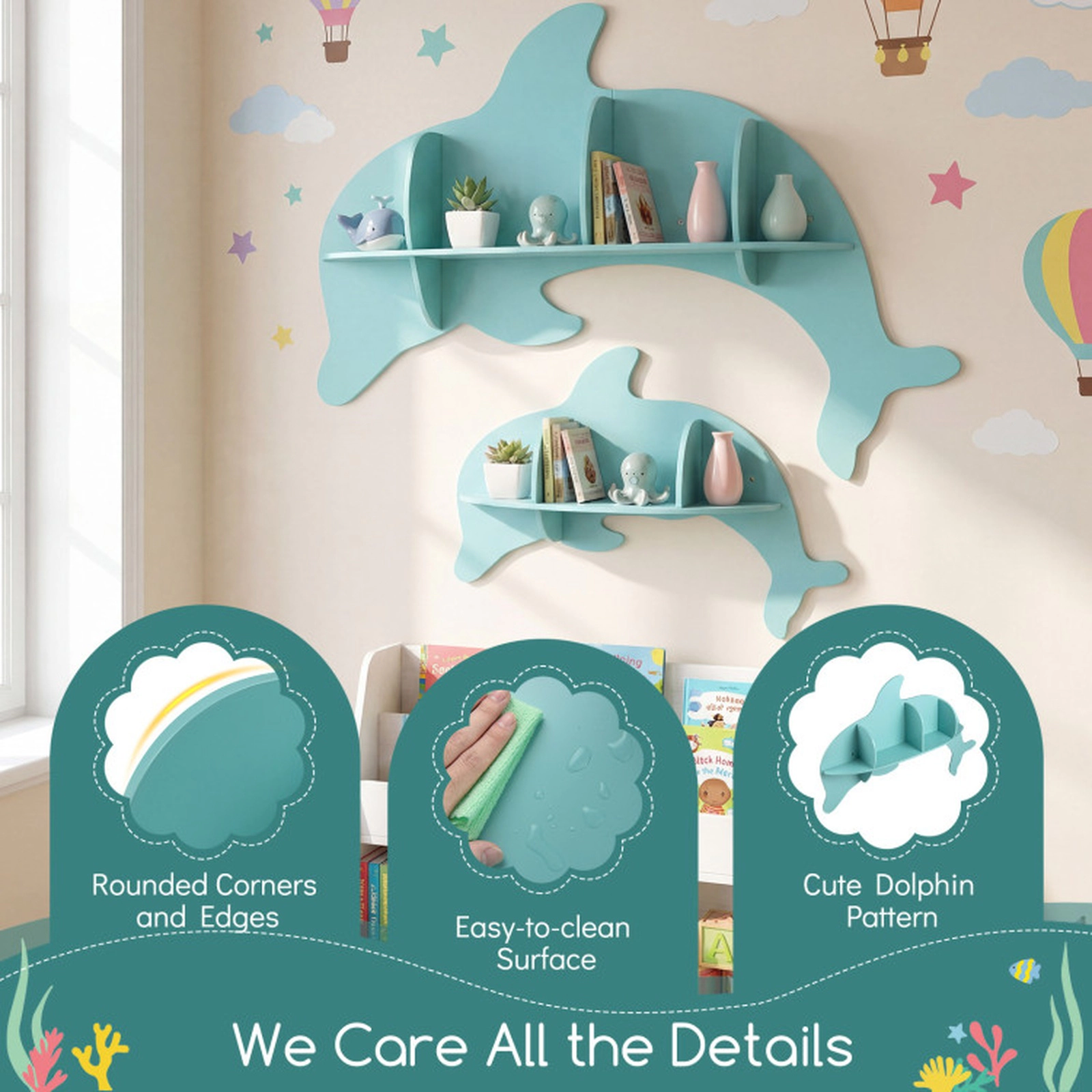 SUGIFT Floating Dolphin Wall Mounted Toy Organizer Shelves Set of 2 11-lb Shelf Capacity 7-lb Small Shelf Capacity Blue