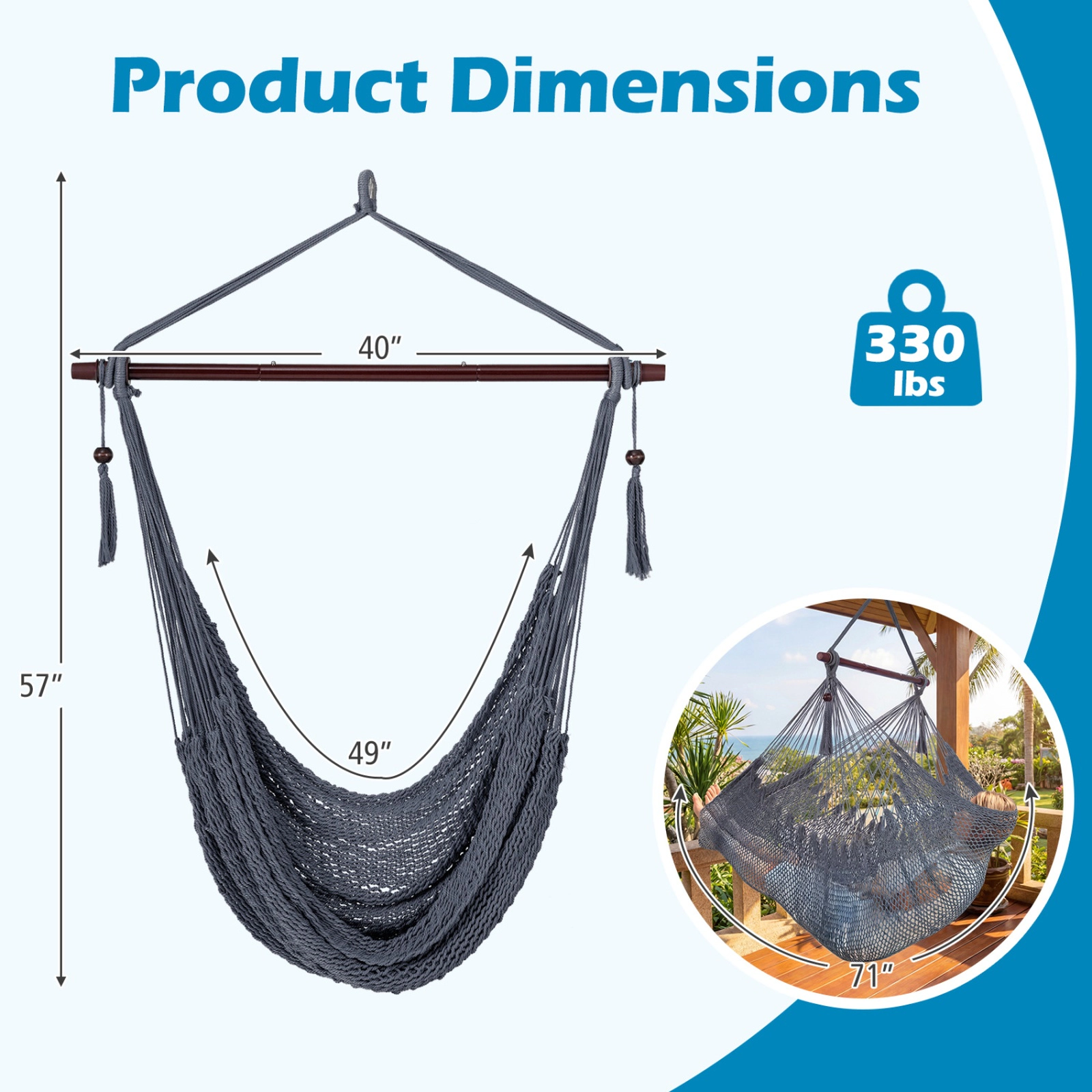 SUGIFT Caribbean Hammock Chair Gray with Metal Spreader Bar and Woven Rope Seat