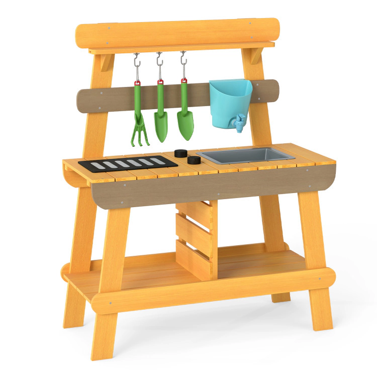 Hivvago Outdoor Mud Kitchen for Kids Wooden Play Kitchen Toy for Boys Girls Aged 3-8-Yellow