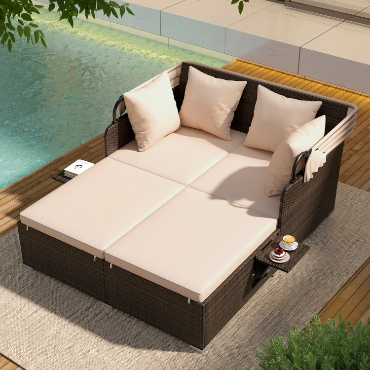 Hivvago Outdoor Patio Rattan Daybed With Retractable Canopy And Side Tables