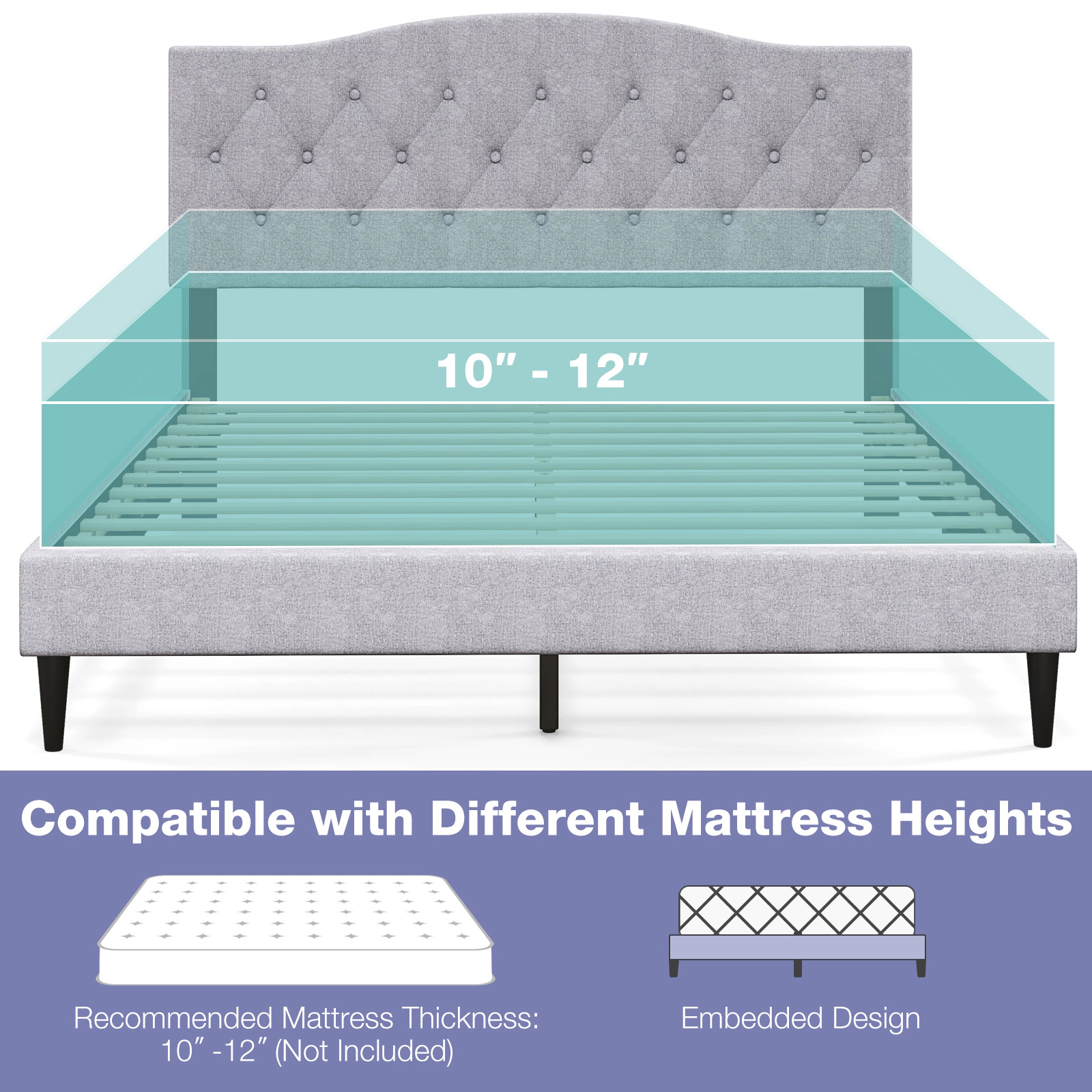SUGIFT Button Tufted Upholstered Queen Platform Bed Frame with Linen Headboard 800-Lb Capacity 85.5-in Length Gray