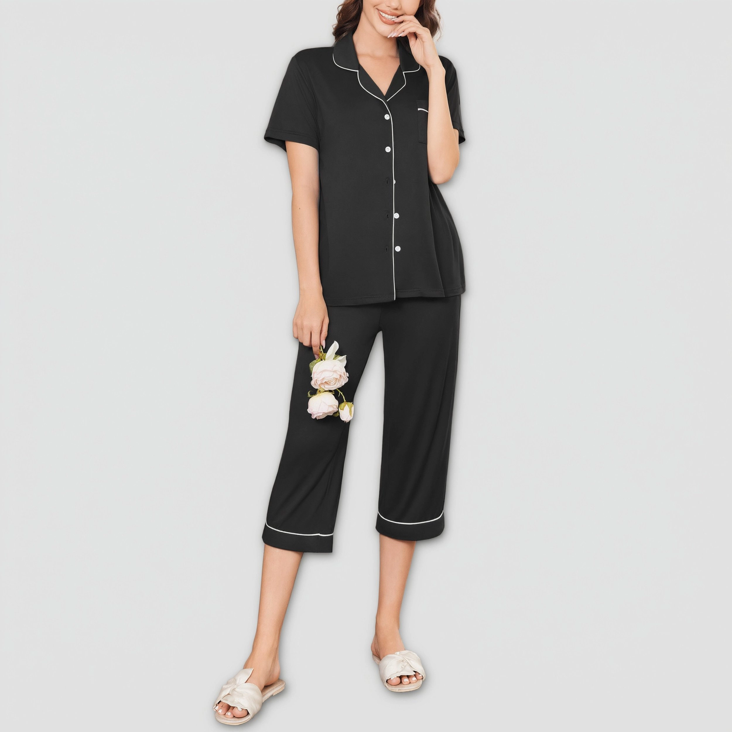 Ekouaer Pajamas for Women Set 2 Piece Pjs Short Sleeve Button Down Sleepwear Capri Pant Lounge