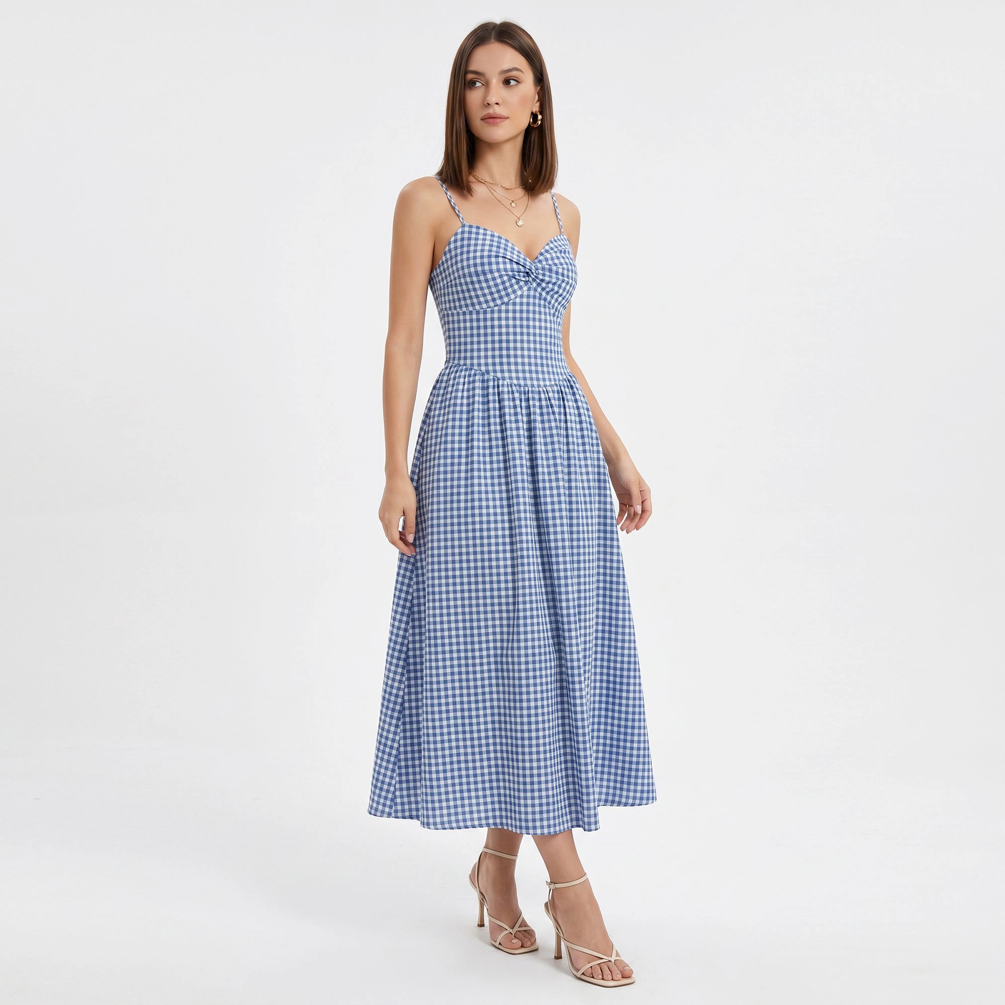Anna-Kaci Women's Gingham Twist Front Bodice Spaghetti Straps Midi Dress