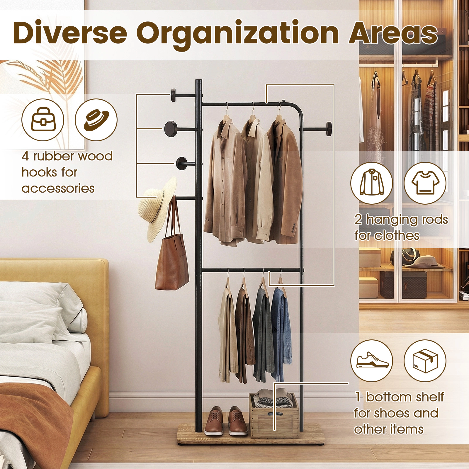 SUGIFT 66-in 110-lb Capacity Double Rod Clothes Rack with 4 Rubber Wood Hooks and Wooden Bottom Shelf