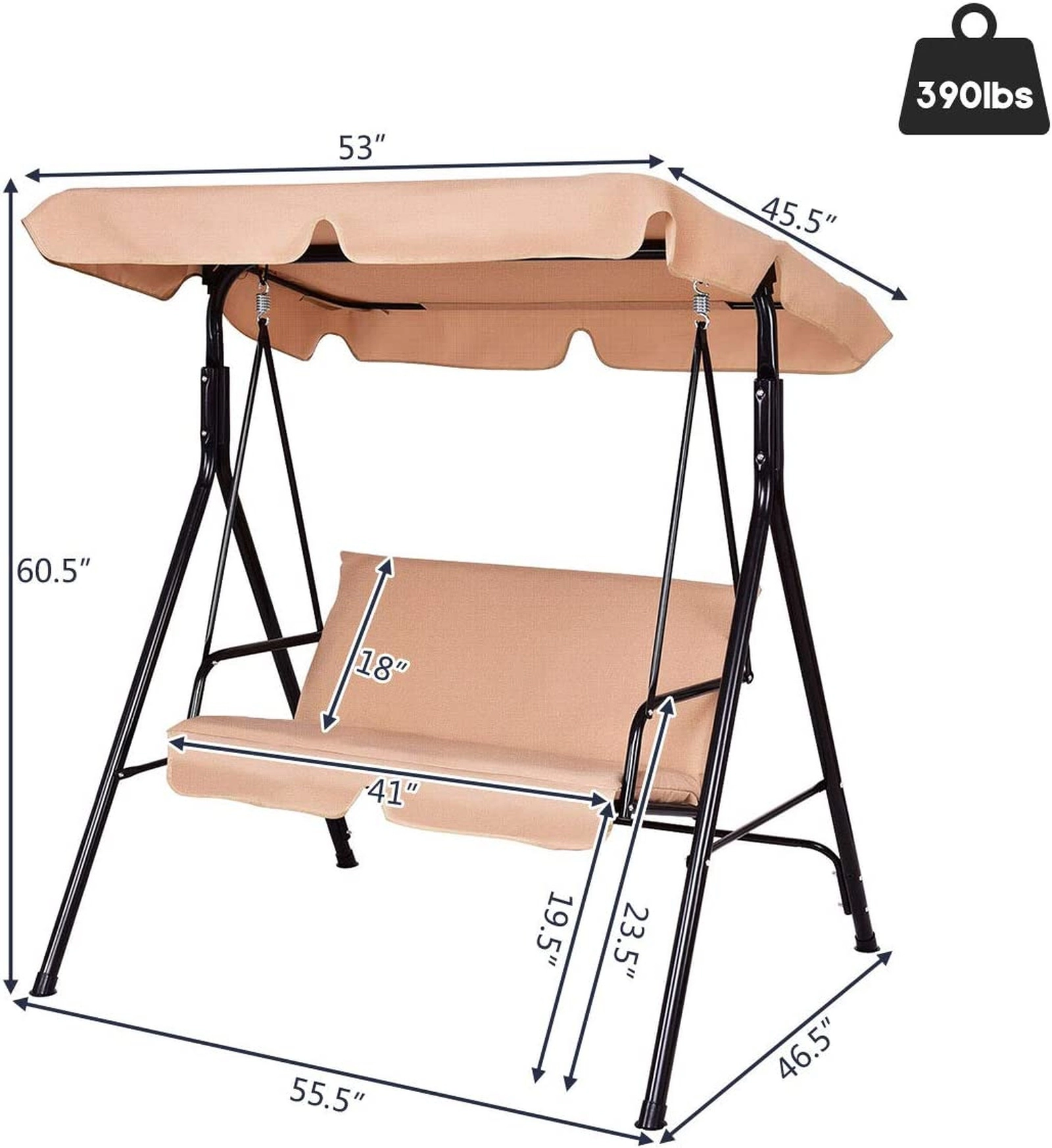 SUGIFT Loveseat Patio Swing Glider Beige Cushioned Steel Frame Swing with Canopy
