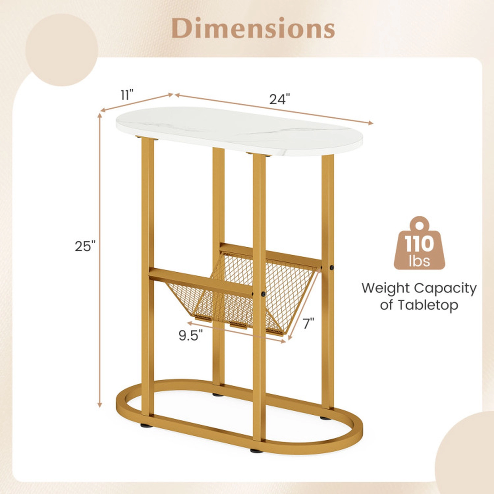 SUGIFT 2-tier Industrial Oval Side Table Mesh Shelf 110-lb Tabletop 22-lb Shelf Capacity 23-in Long White Rustic Brown