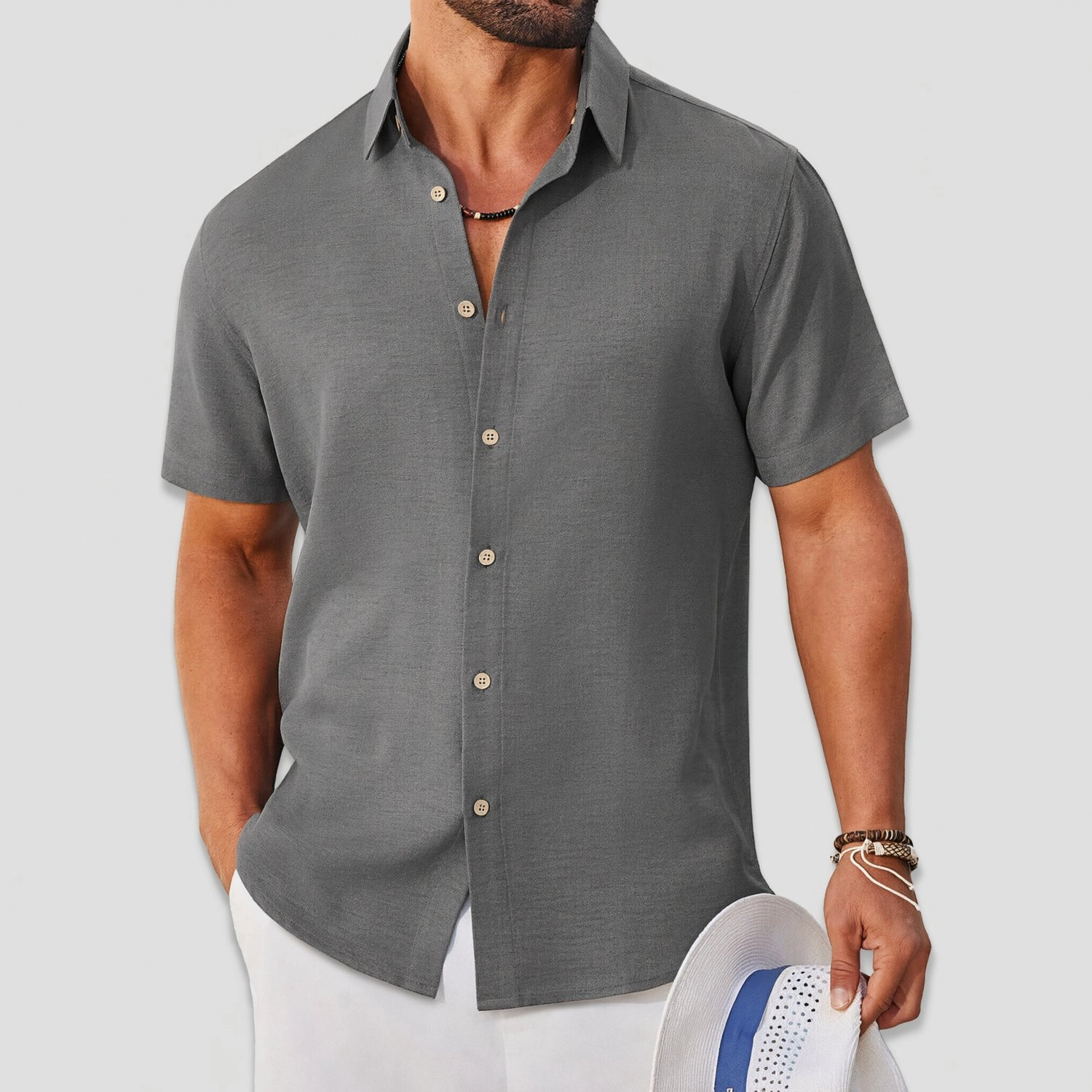 COOFANDY Mens Casual Short Sleeve Button Down Shirts  Lapel Collar Solid Tops