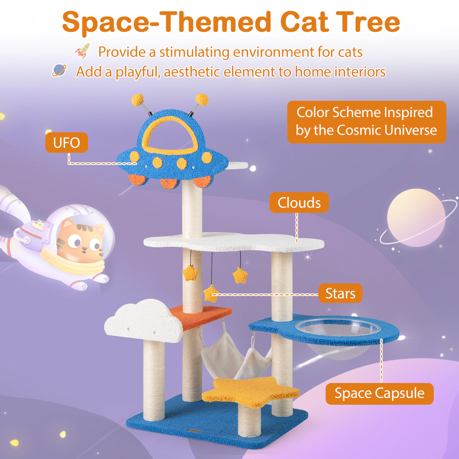 Glintex 49-Inch Space-Themed Cat Tree with UFO Top Perch and Transparent Capsule, Blue