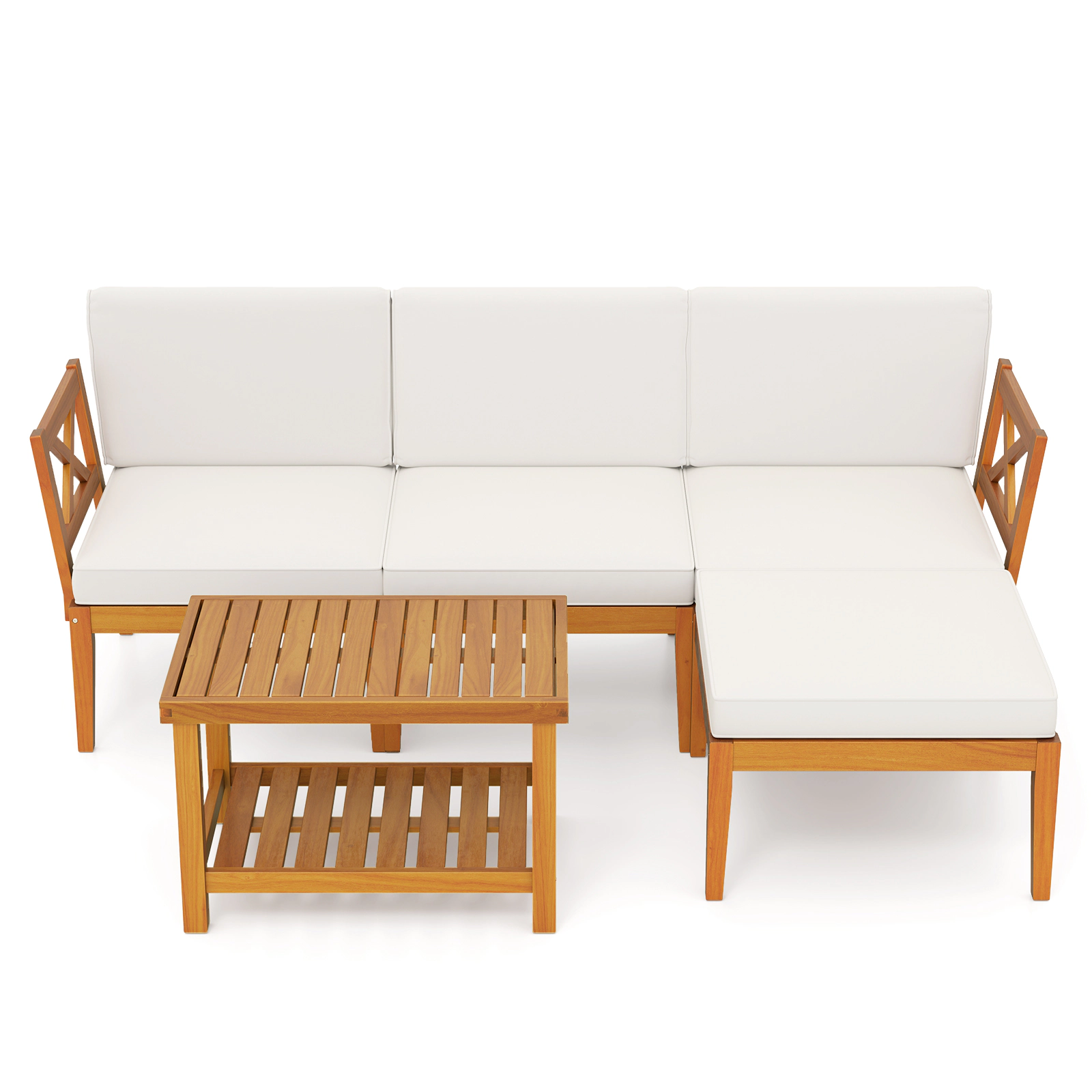 SUGIFT 2-Tier Coffee Table and Ottoman 5-Piece White Acacia Wood Patio Sectional Set