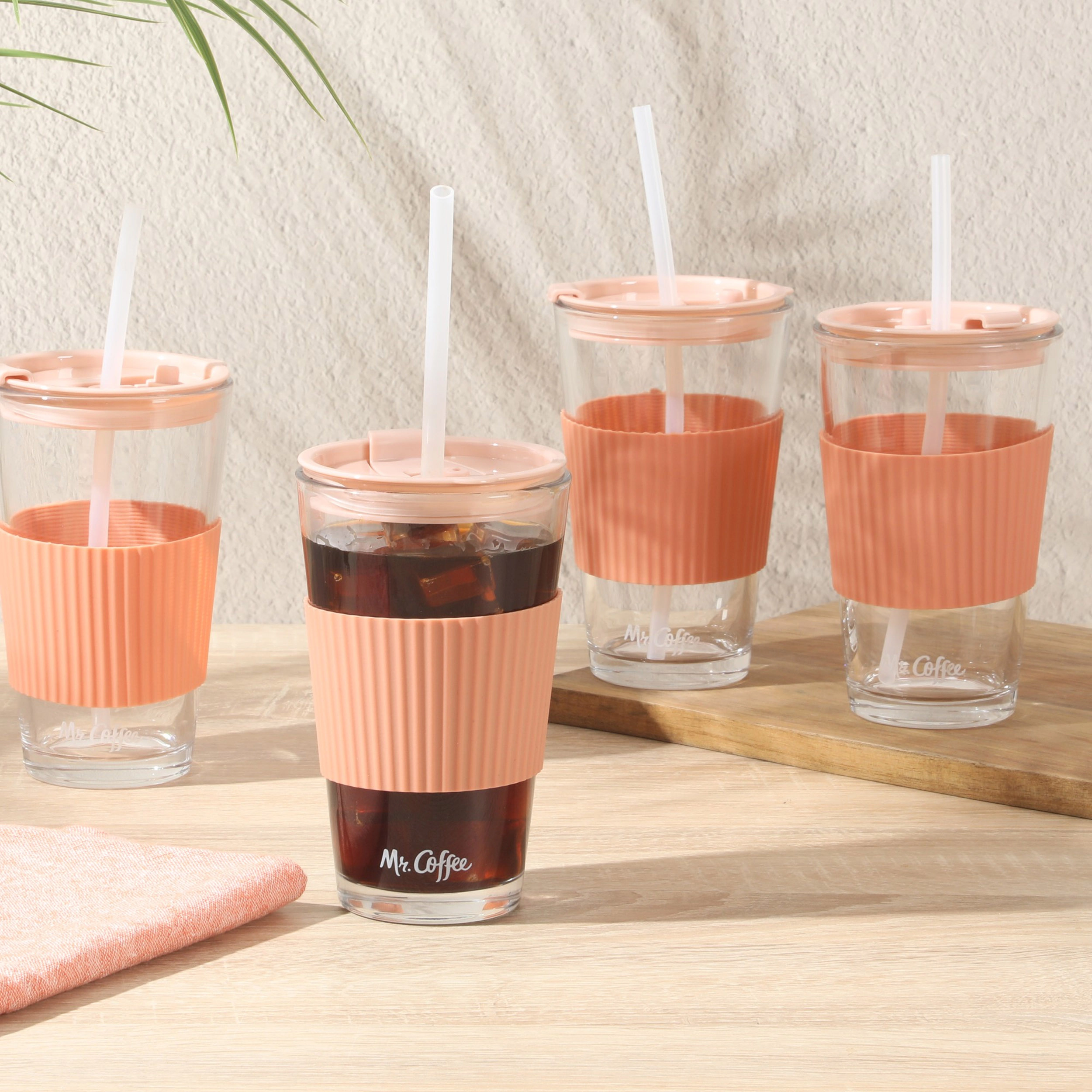 Mr. Coffee Sip Savvy 4 Piece 15 Ounce Clear Glass Tumbler Set with Straw and Lid in Pink
