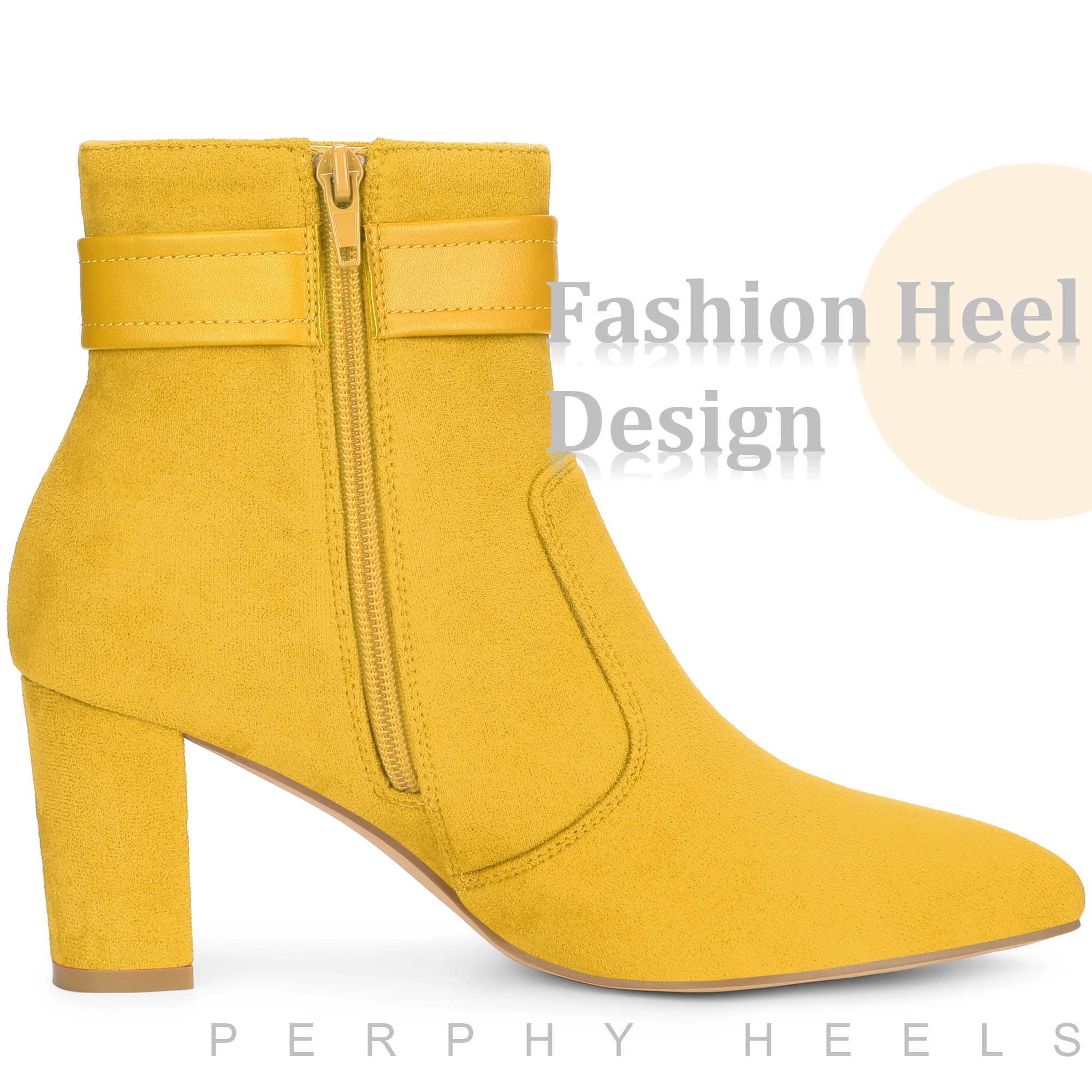 BLISSFUL STEP Women Chunky Heel Pointed Toe Ankle Boots with Buckle Strap