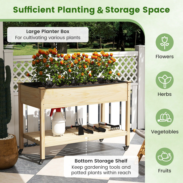 Hivvago Mobile Elevated Wooden Planter Bed with Lockable Wheels Shelf & Liner