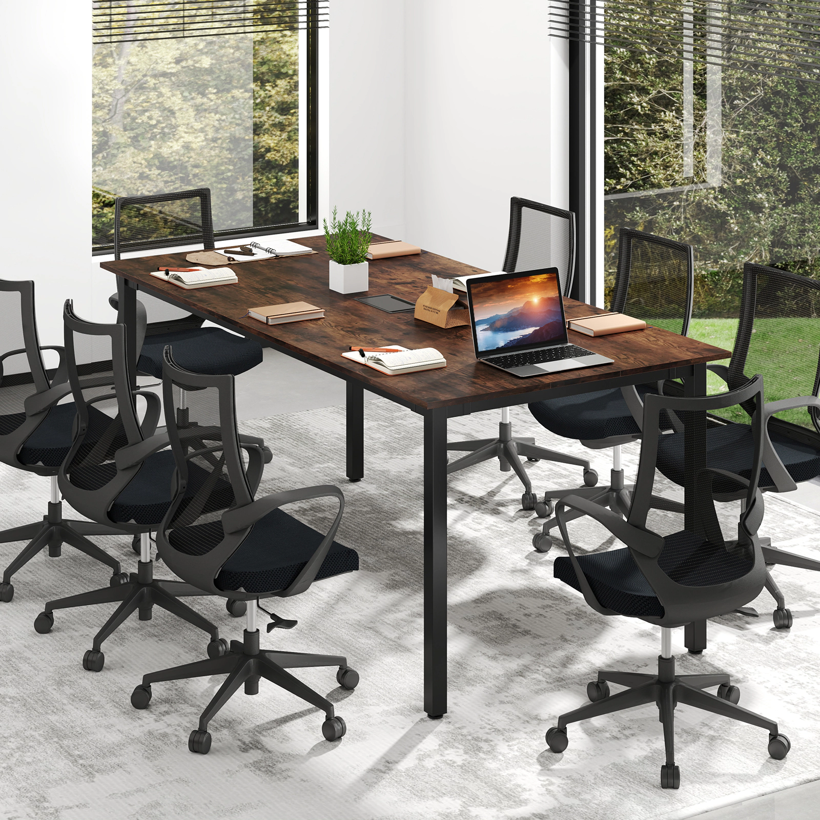 SUGIFT 6 Ft Rectangle Conference Room Desk Table with Cable Hole 265-Lb Capacity Seats 8-10 People Rustic Brown + Black