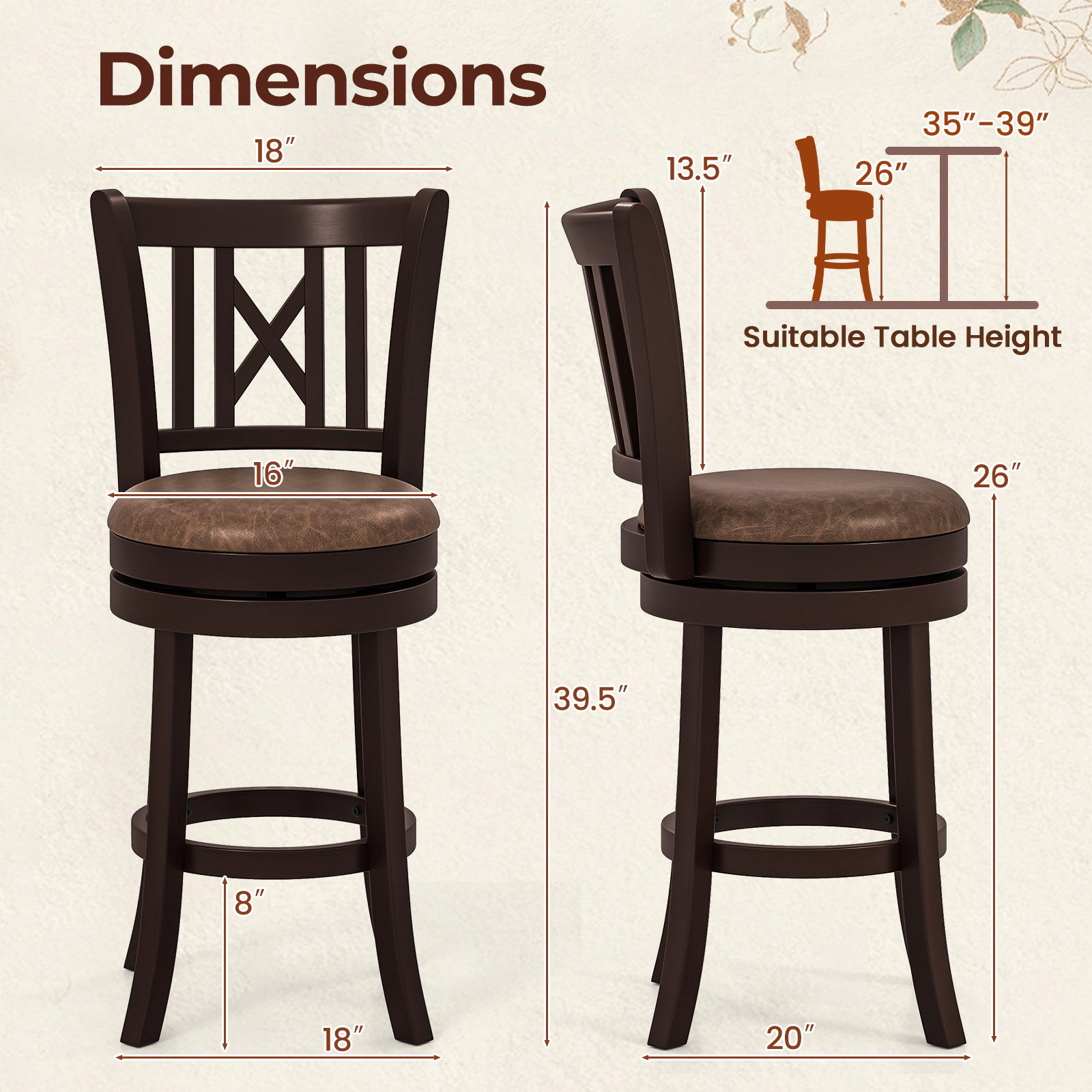 SUGIFT Set of 2 26-Inch Counter-Height Swivel Stools, Rubber Wood, Hollow Backrest