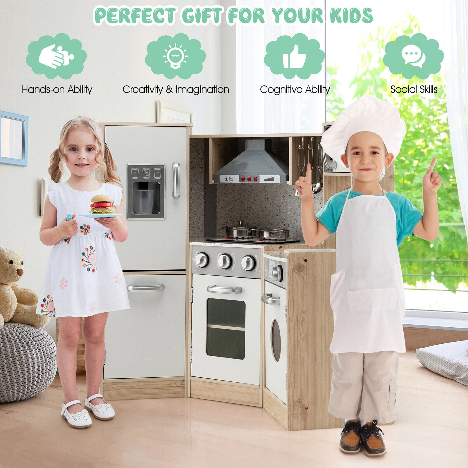 SUGIFT White and Natural Cookware Range Hood and Oven Kids Corner Wooden Kitchen Playset