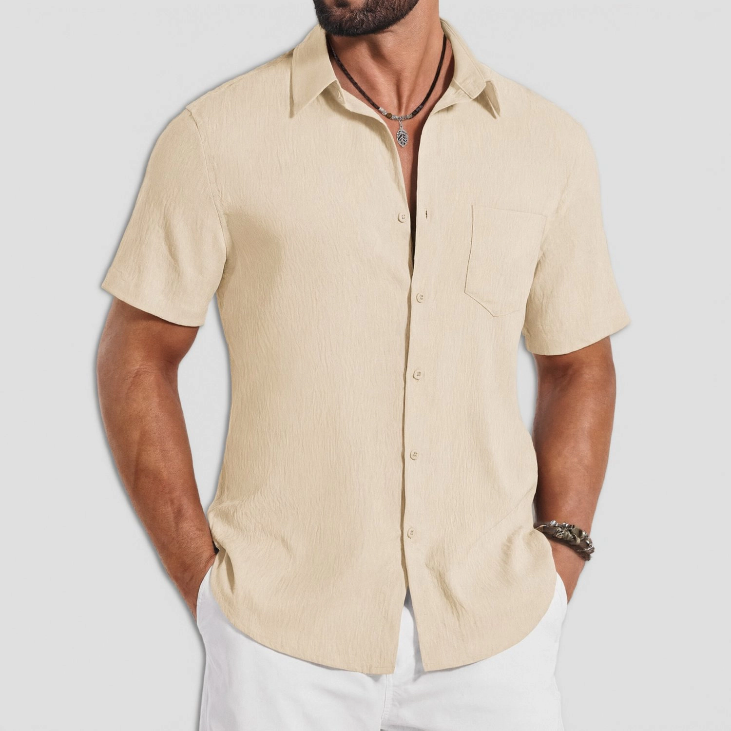 COOFANDY Mens Casual Short Sleeve Button Down Shirt Lapel Collar Pocket  Tops